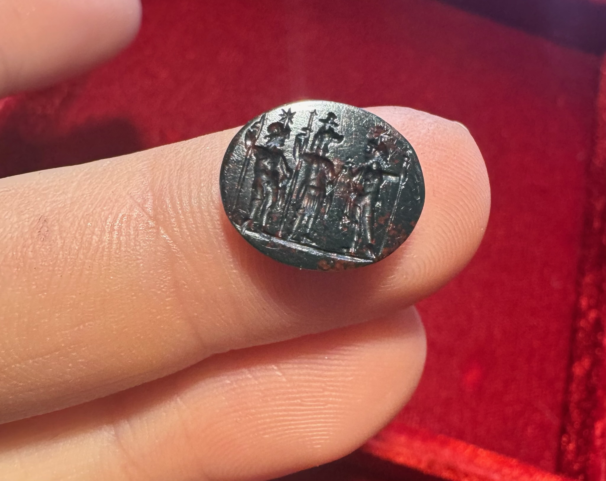A Roman Heliotrope Gnostic Intaglio — Anubis with the Dioscuri