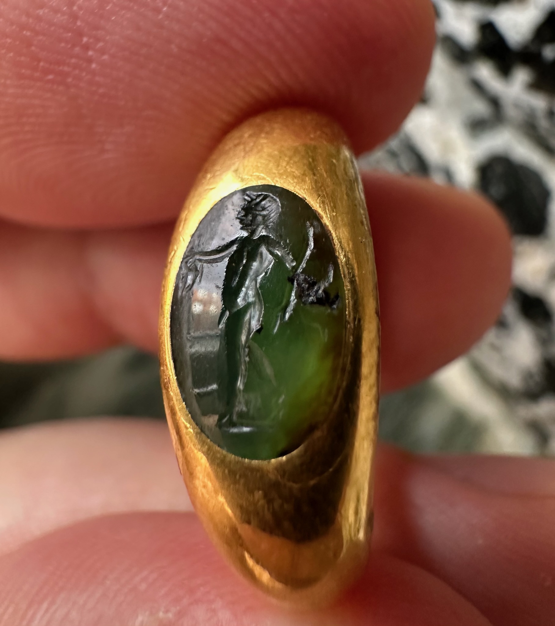 Roman Gold and Green Chalcedony Finger Ring. Satyr with Dionysiac Attributes.