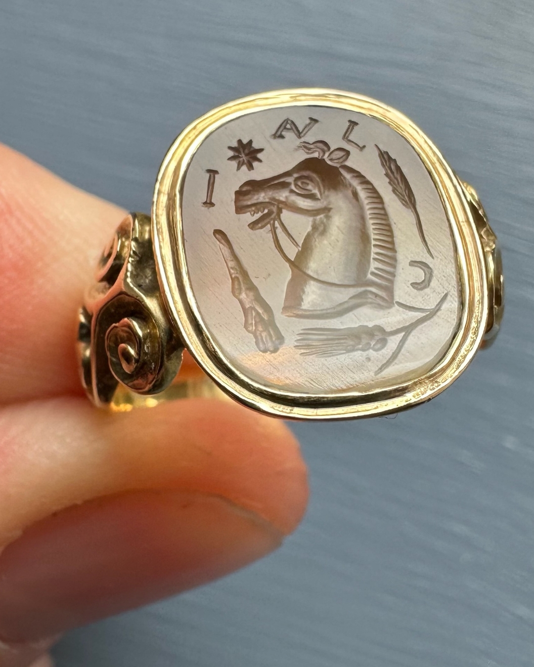 A Victorian gold signet ring set with an agate intaglio. Horse promote with attributes and letters.