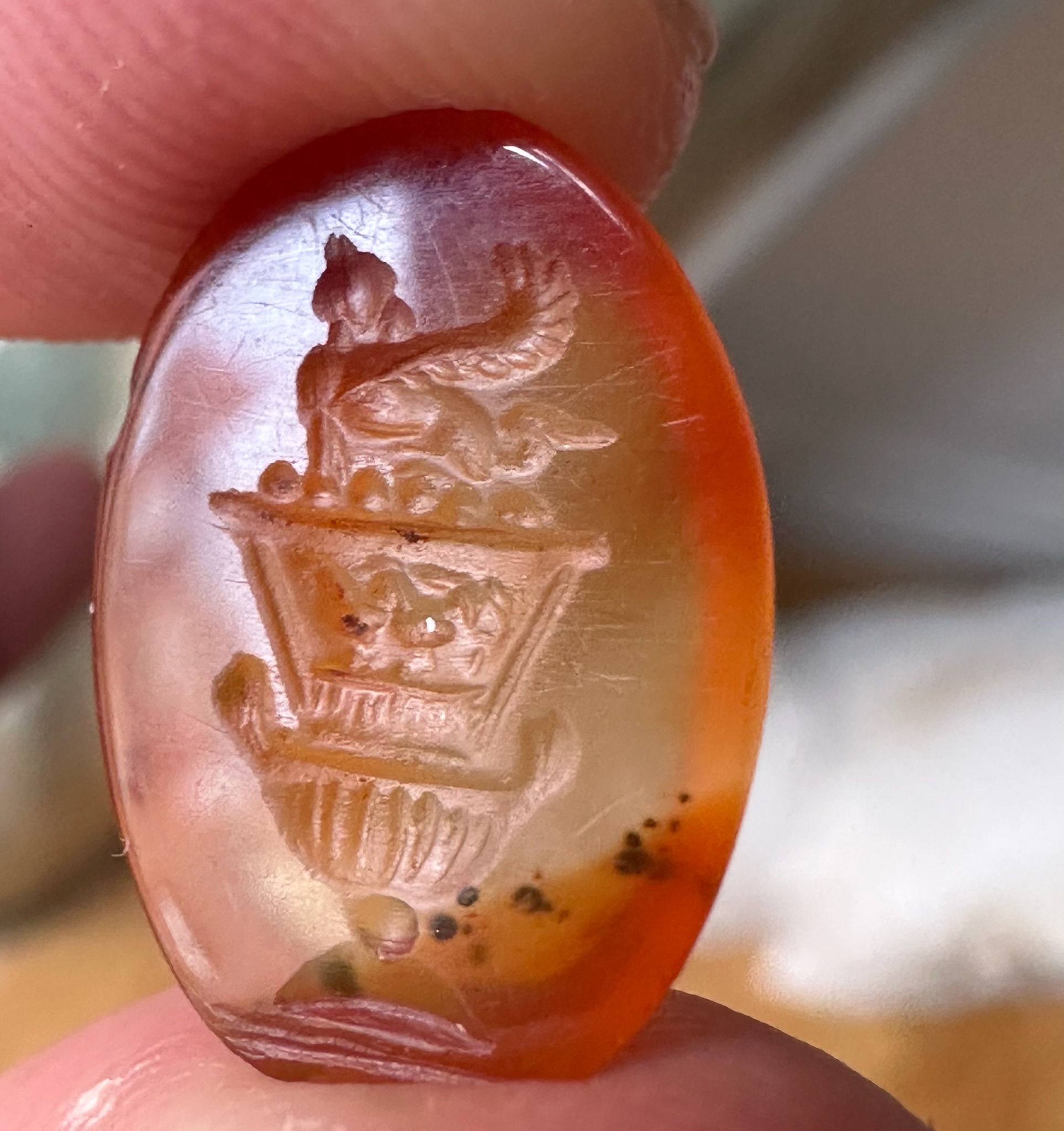 A large Roman agate intaglio. Sphinx on a bell-krater.
