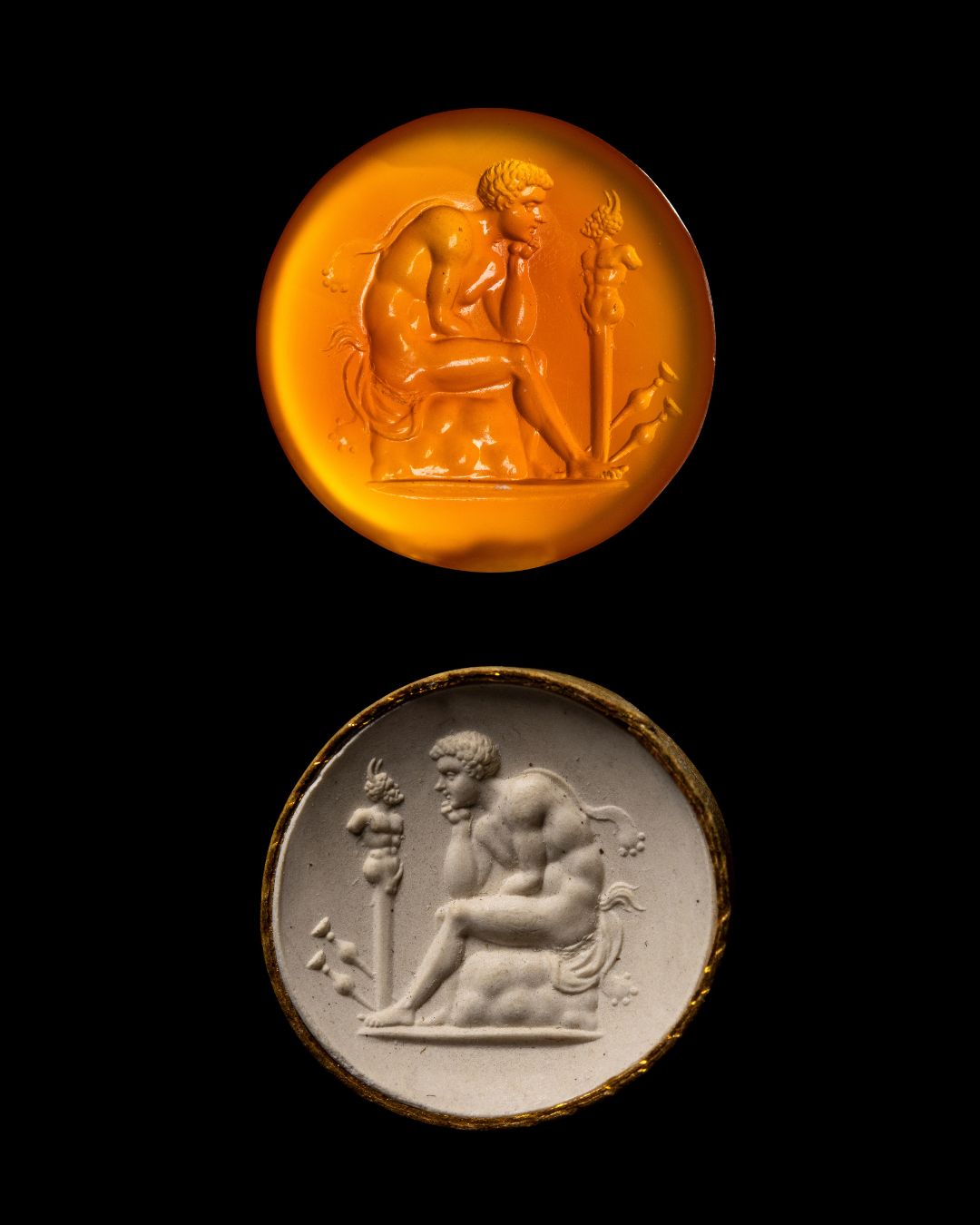 A Grand Tour Carnelian Intaglio A Young Faun Seated before a Herm of Pan