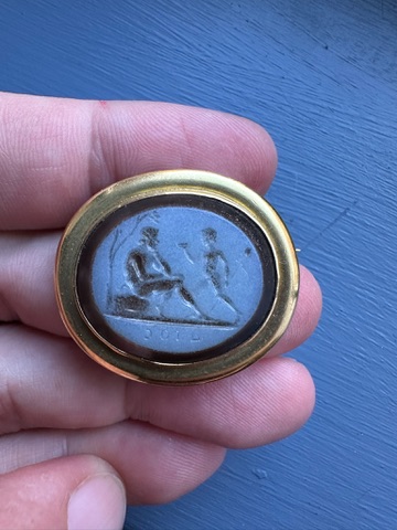 A Gold Brooch set with a Late 18th c.  Nicolo Intaglio — Youth and Satyr