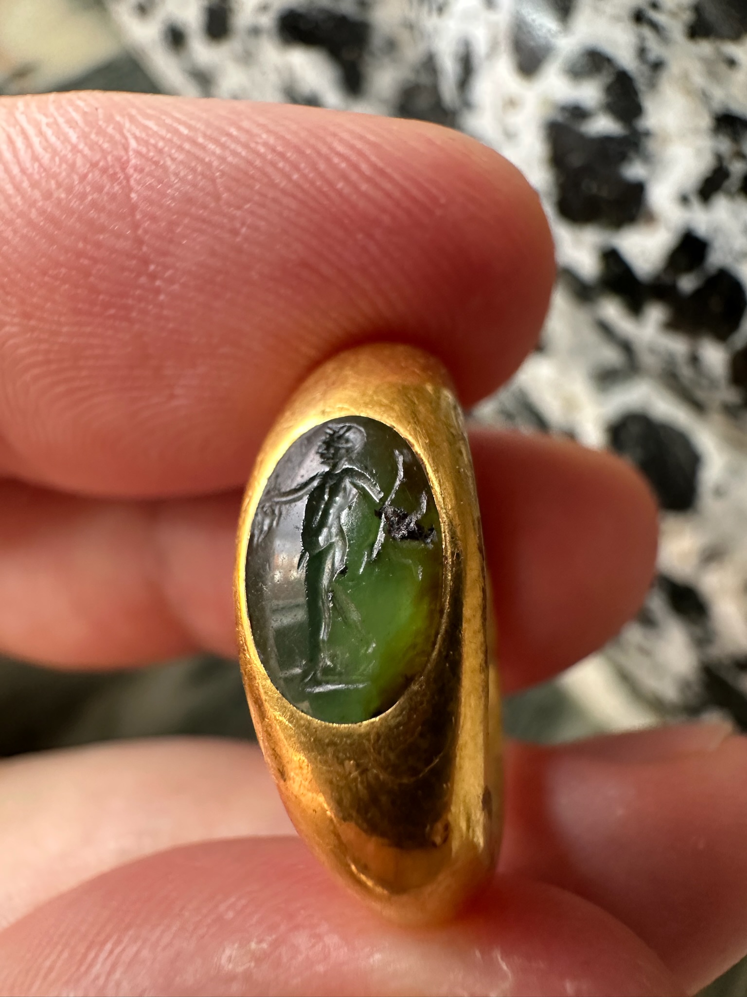 Roman Gold and Green Chalcedony Finger Ring. Satyr with Dionysiac Attributes.