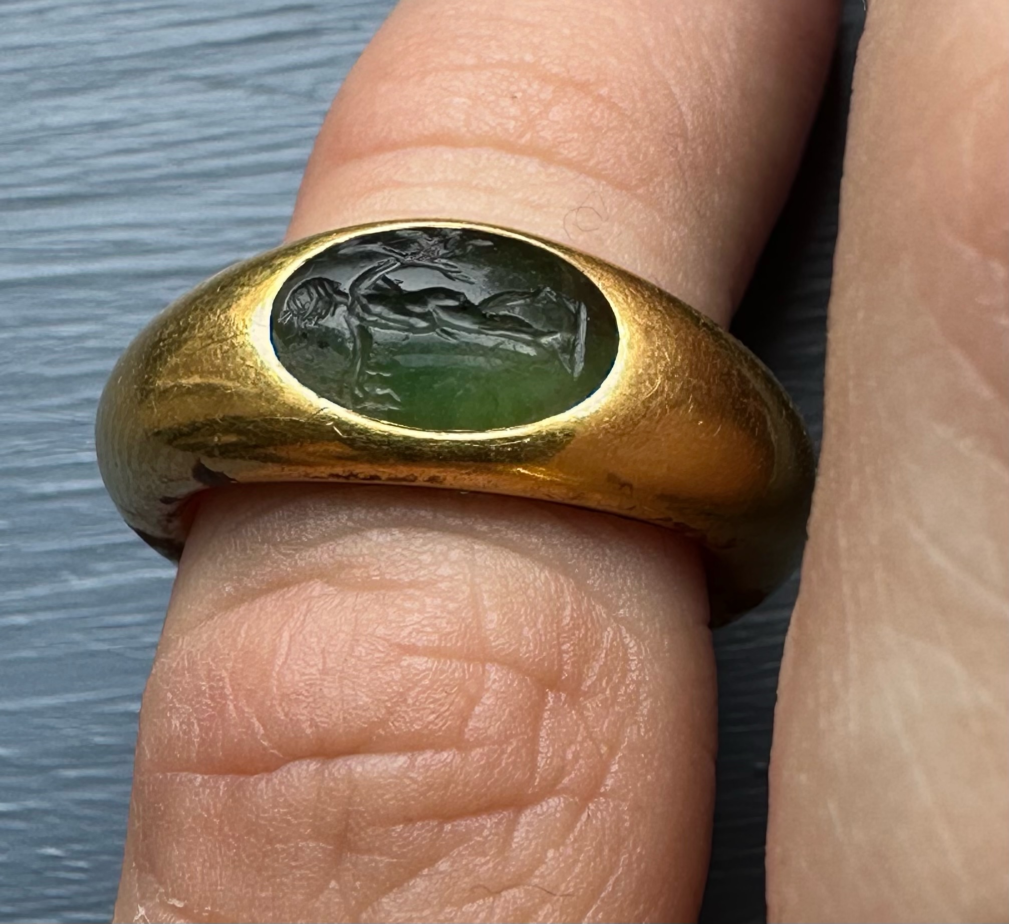Roman Gold and Green Chalcedony Finger Ring. Satyr with Dionysiac Attributes.