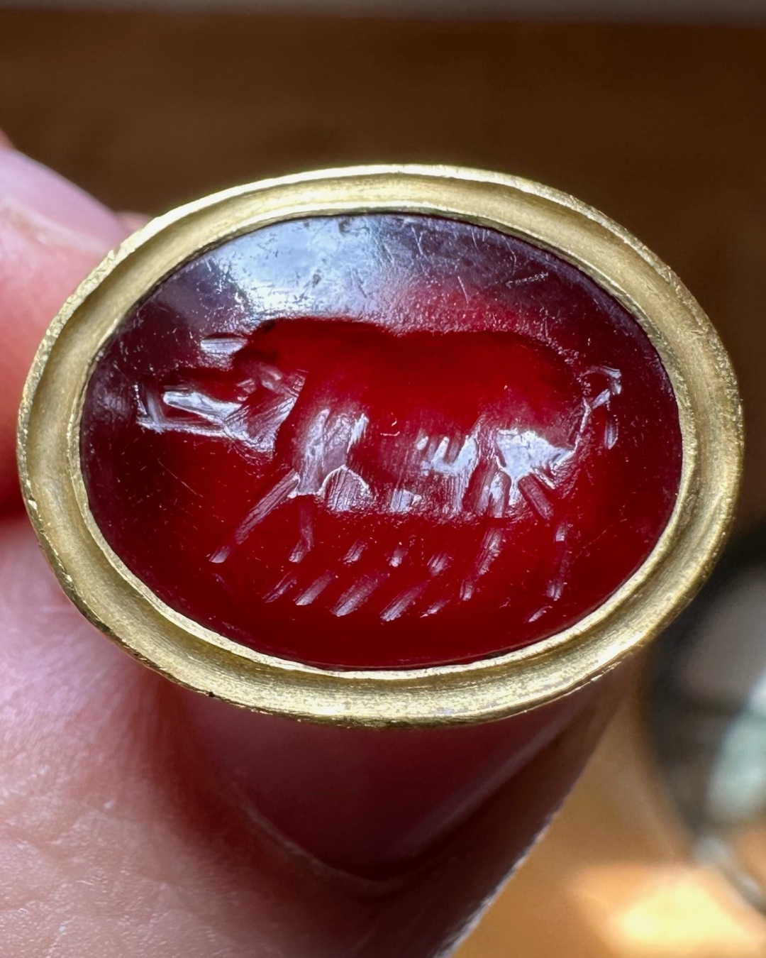 Bague moderne en or sertie d'une intaille romaine sur cornaline. Truie. (2nd century AD )