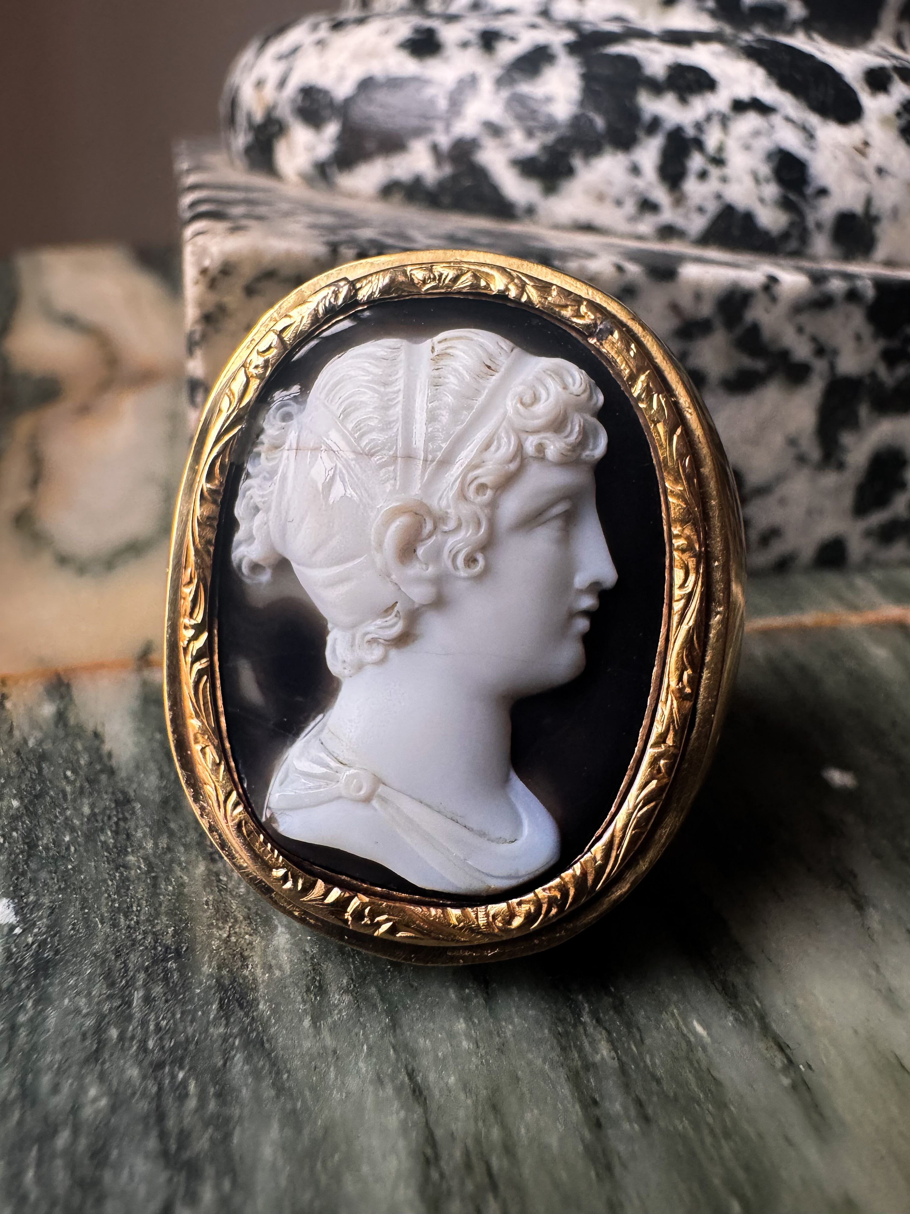 A Neoclassical Onyx Cameo Set in Gold Ring — Bust of Sappho
