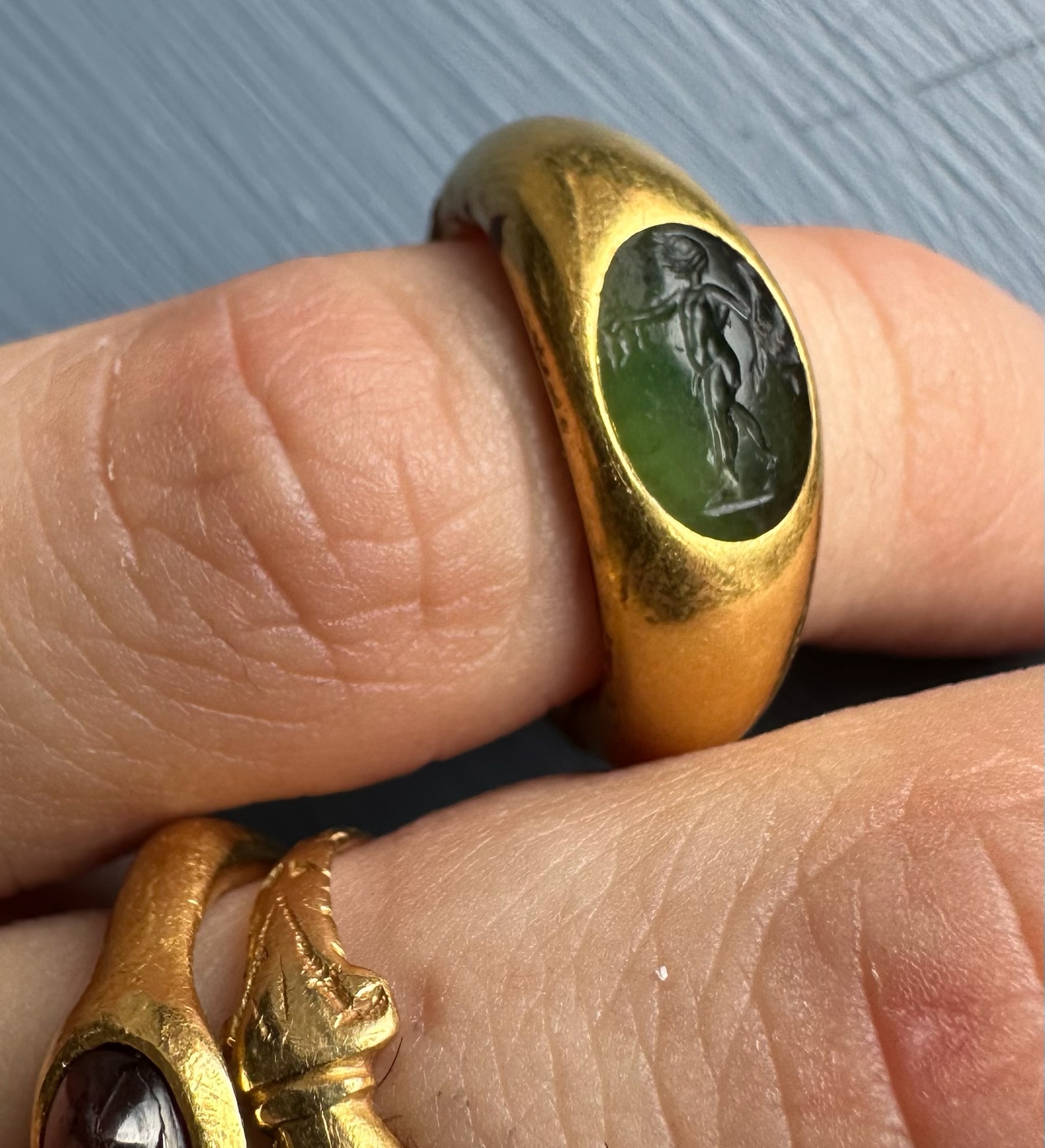 Roman Gold and Green Chalcedony Finger Ring. Satyr with Dionysiac Attributes.