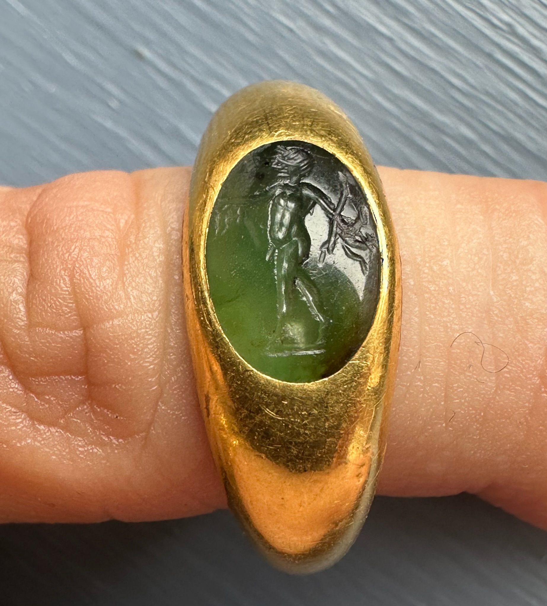 Roman Gold and Green Chalcedony Finger Ring. Satyr with Dionysiac Attributes.