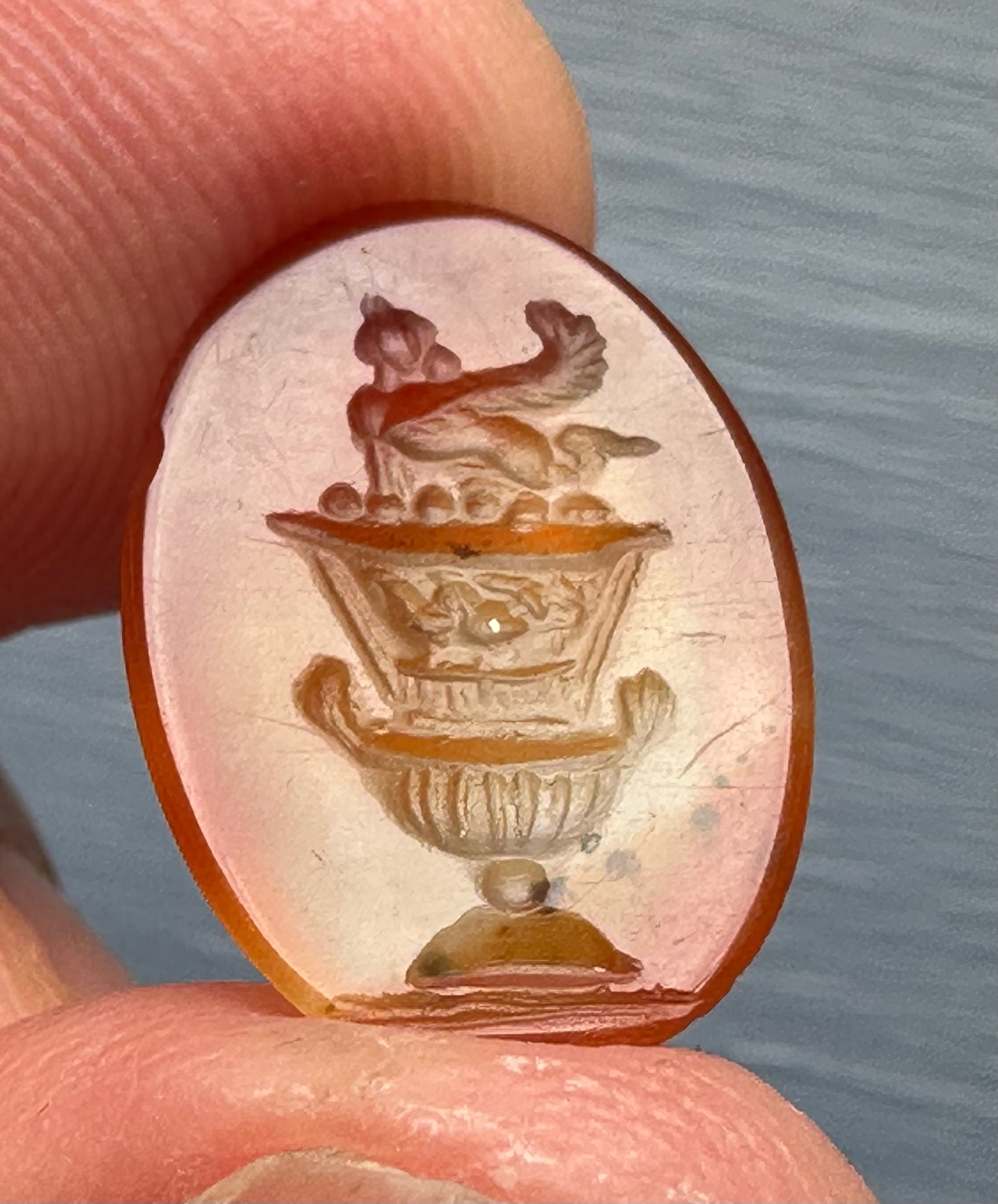A large Roman agate intaglio. Sphinx on a bell-krater.