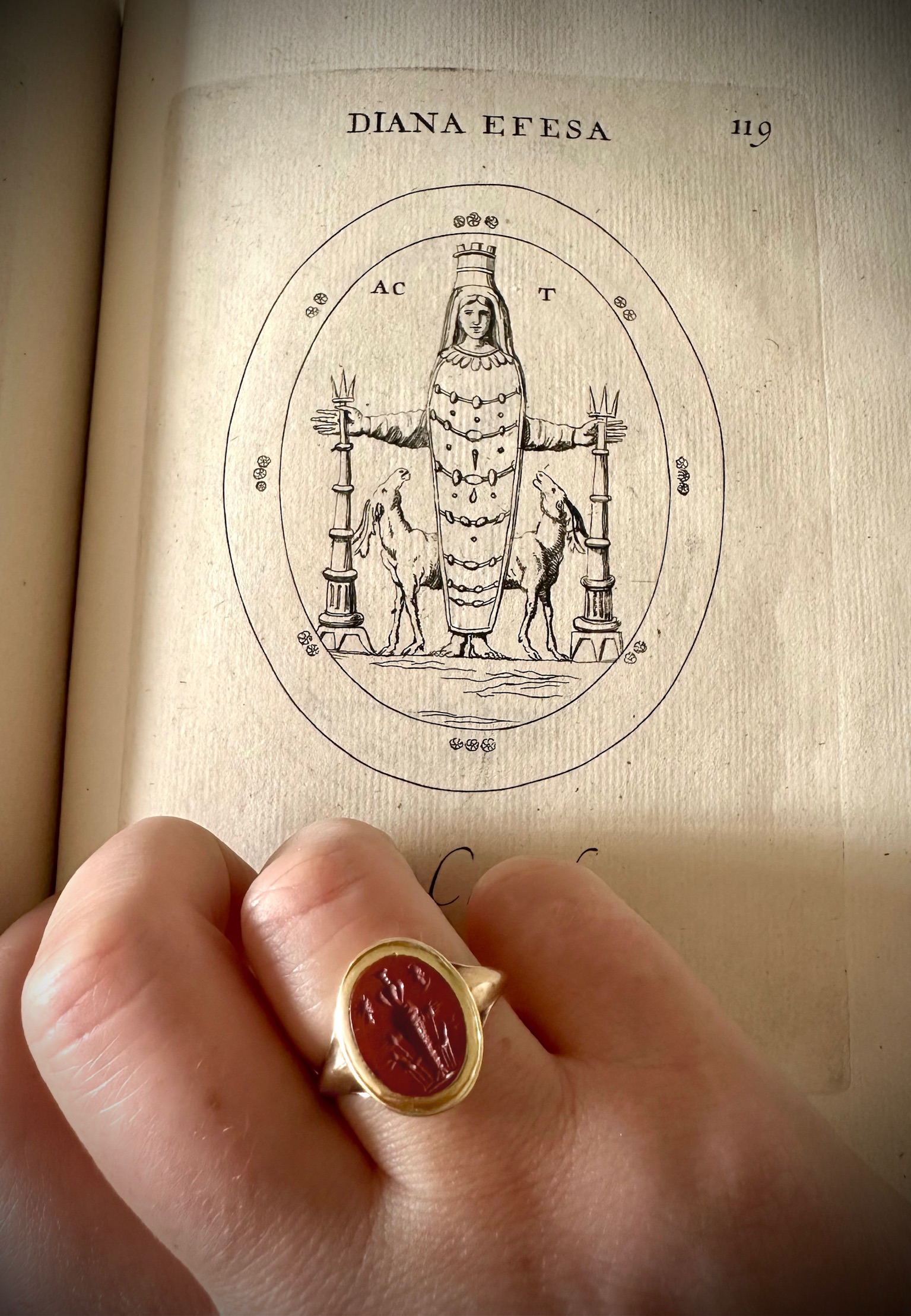 A 19th c. gold ring set with a Roman red jasper intaglio. Artemis Ephesus.