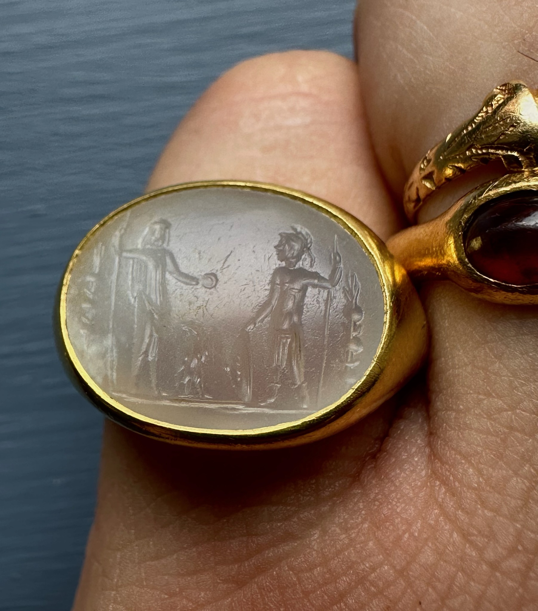A Large Roman Chalcedony intaglio set in a later massive 22k ring. Jupiter and Mars.