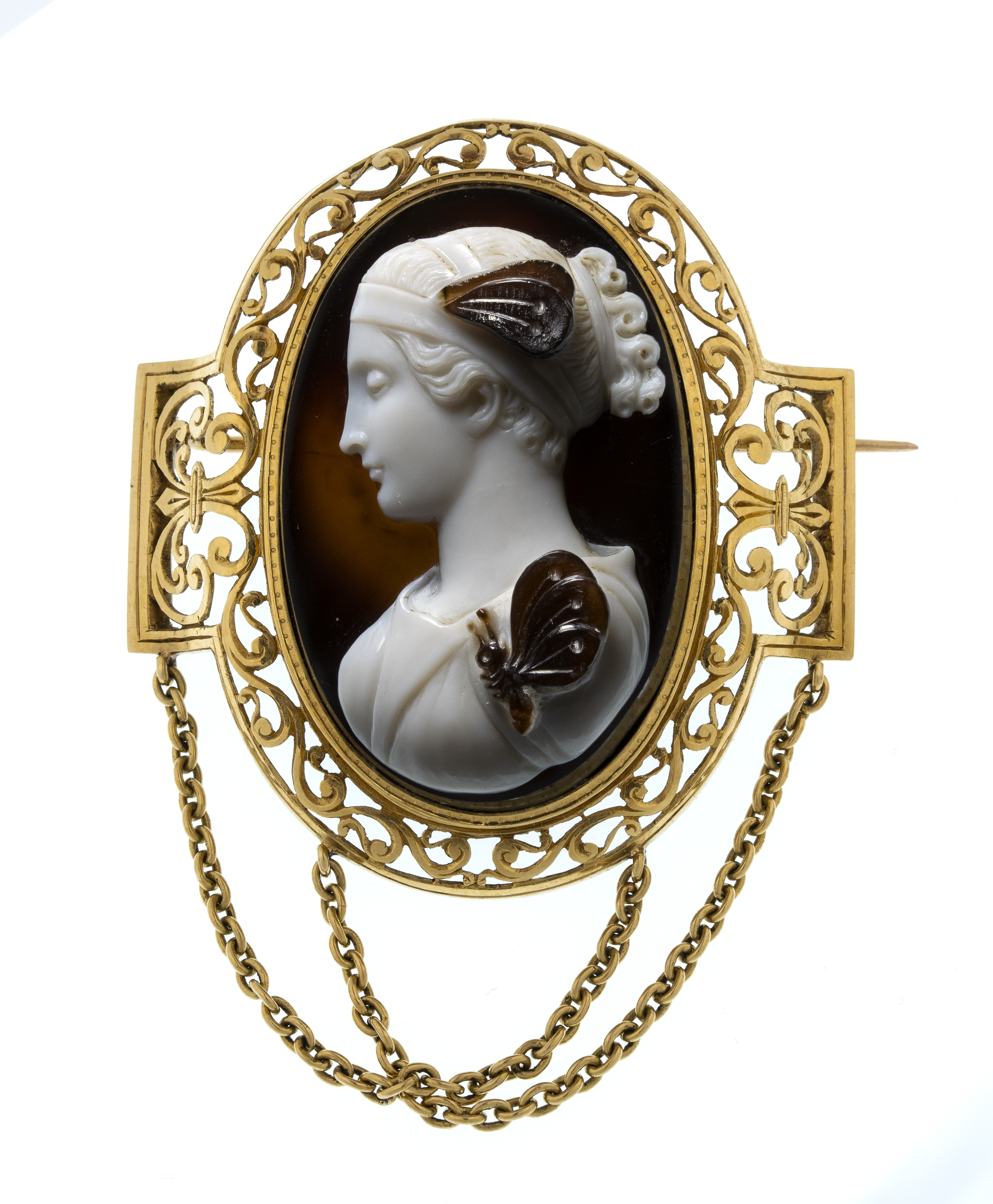 A 19th century gold brooch set with a large agate cameo. Bust of Psyche.