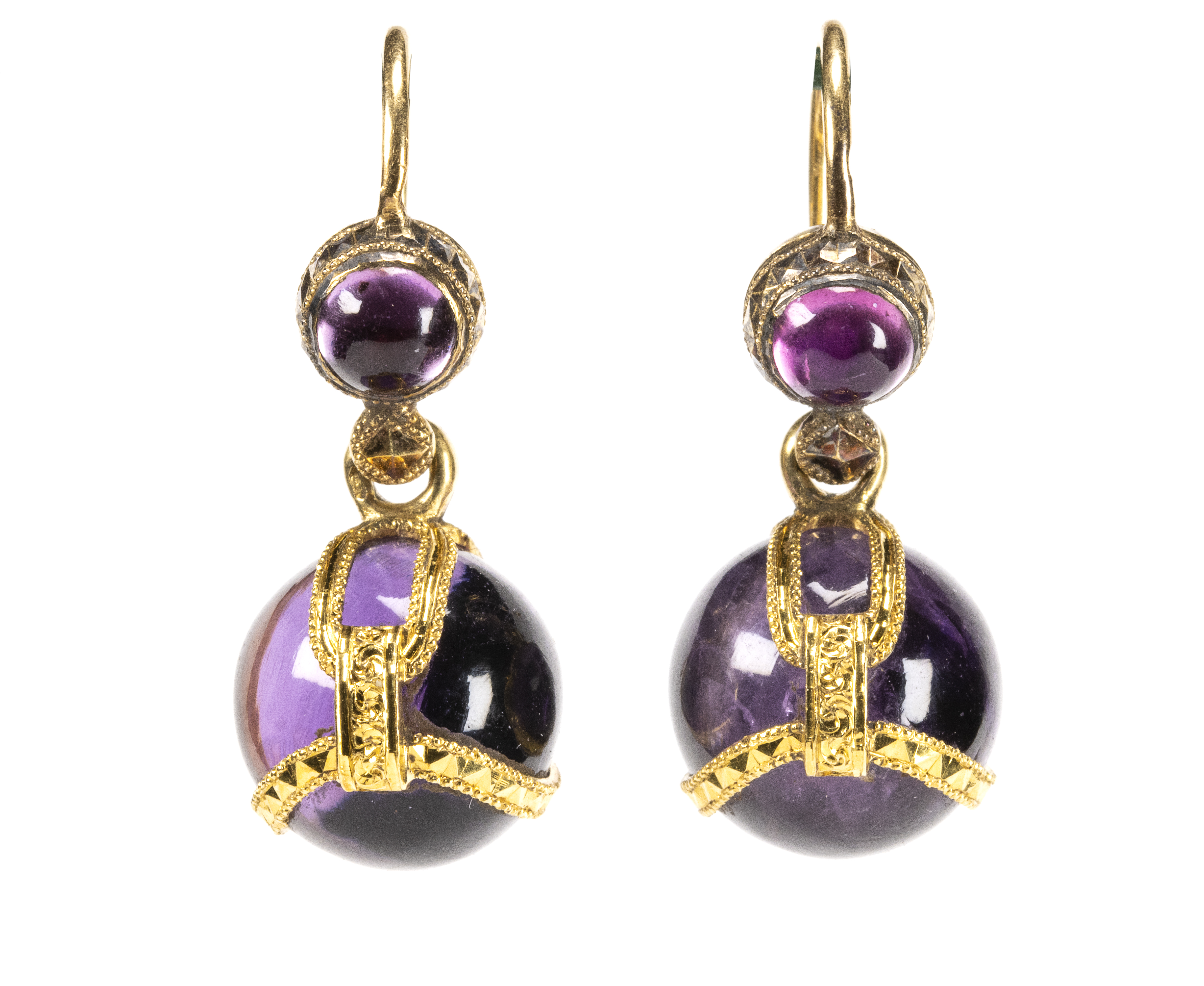 19th century, Bassot et Fils (Paris). A pair of gold and amethyst earrings. (ca. 1850)