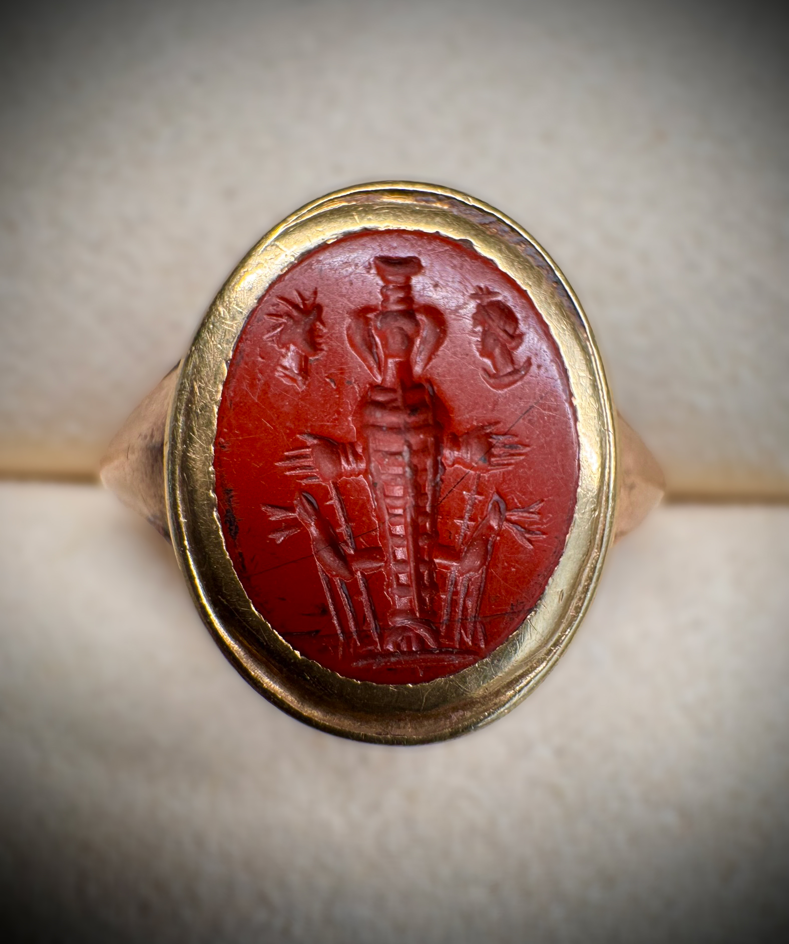 A 19th c. gold ring set with a Roman red jasper intaglio. Artemis Ephesus.