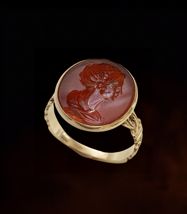 A Grand Tour carnelian intaglio gold ring, portrait of a Roman matrona
