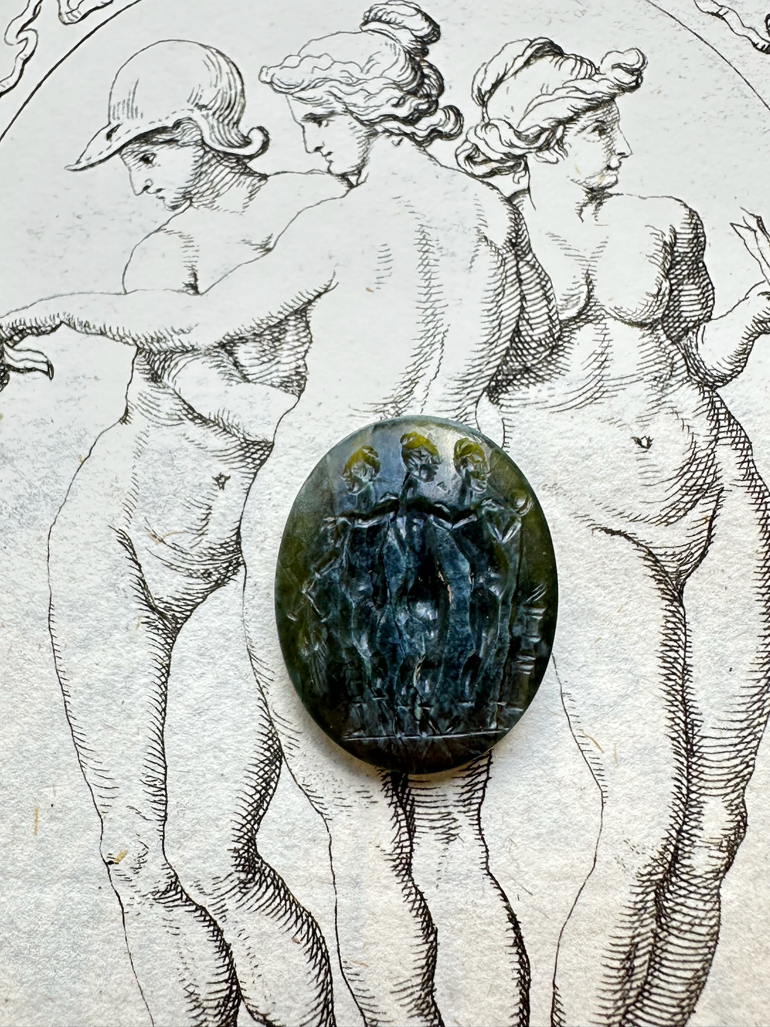 Roman, A large Roman green chalcedony intaglio. The Three Graces.  (1st - 2nd century A.D.)