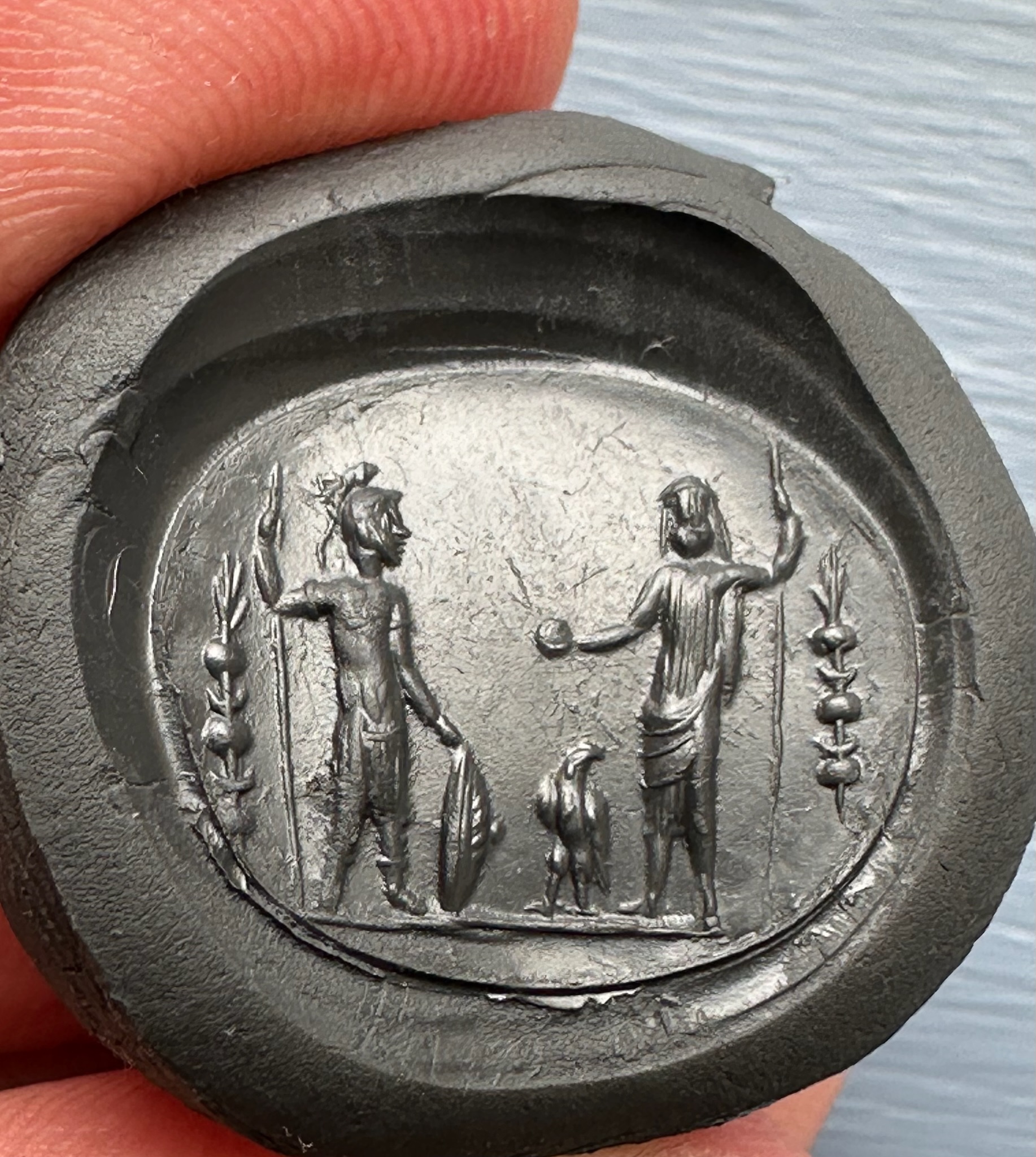 A Large Roman Chalcedony intaglio set in a later massive 22k ring. Jupiter and Mars.
