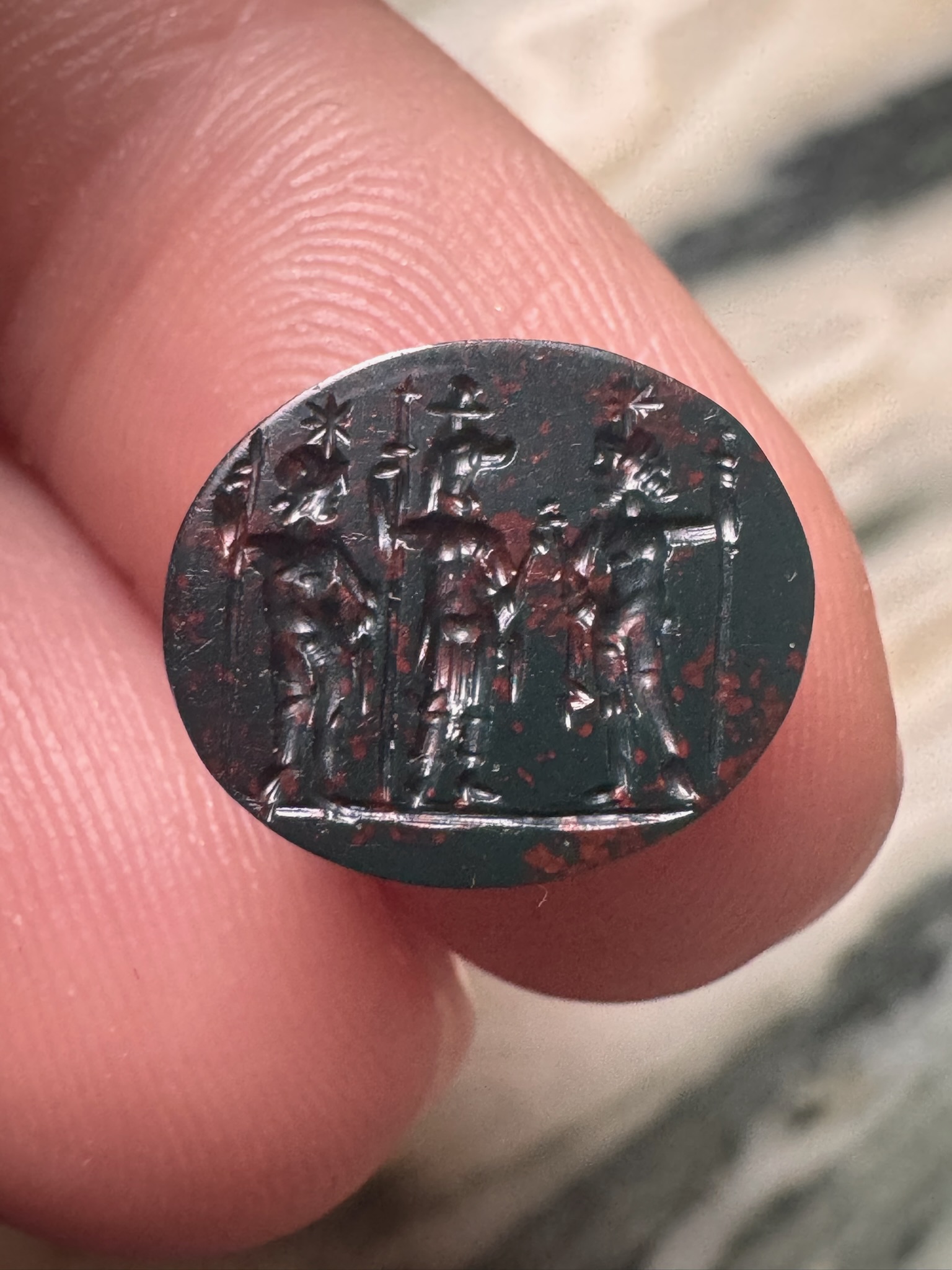 A Roman Heliotrope Gnostic Intaglio — Anubis with the Dioscuri