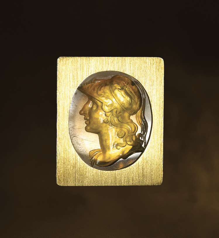 Carlo Costanzi (1705–1781) (attributed to). A beautiful chalcedony intaglio set in a later gold and diamond brooch-pendant. Portrait of Alexander the Great.