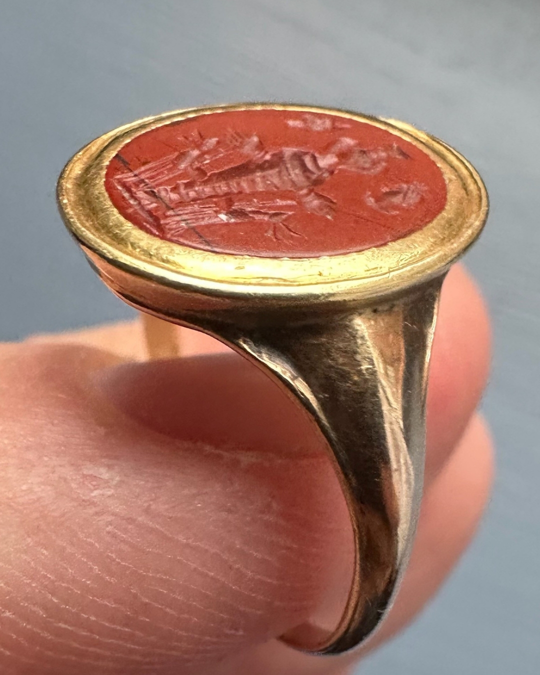 A 19th c. gold ring set with a Roman red jasper intaglio. Artemis Ephesus.