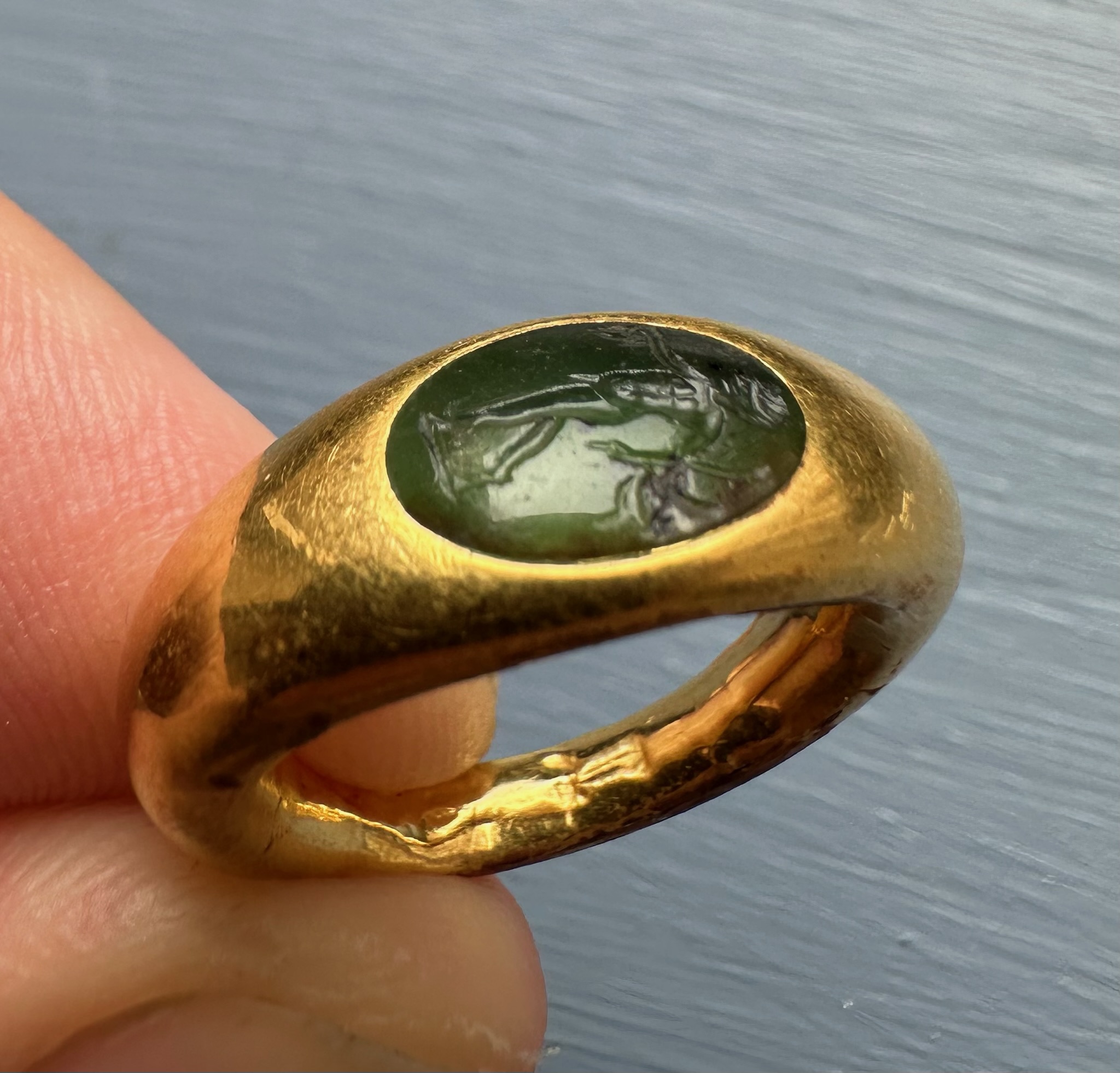 Roman Gold and Green Chalcedony Finger Ring. Satyr with Dionysiac Attributes.