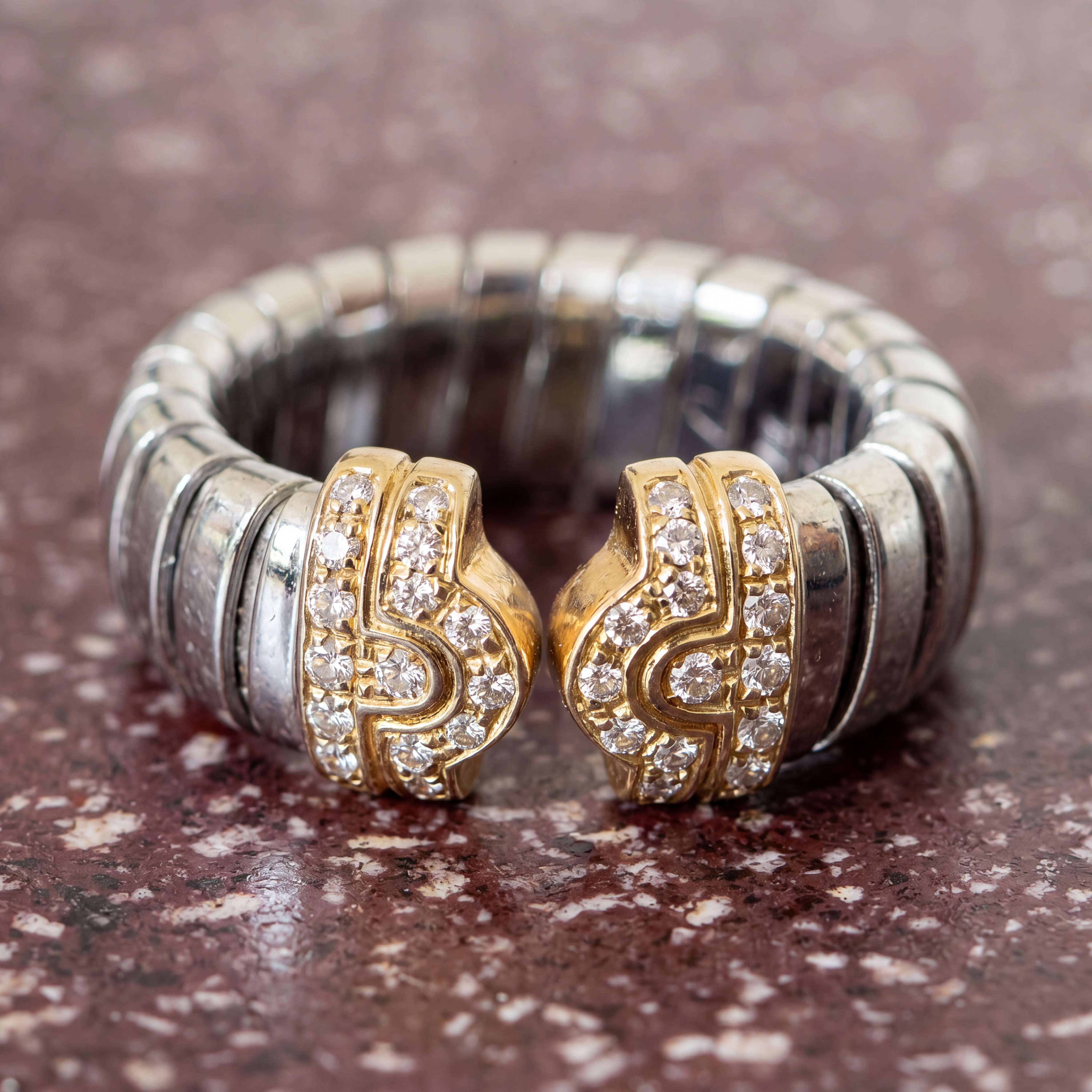 Bulgari, bague « Parentesi Tubogas » bicolore, diamants, vintage