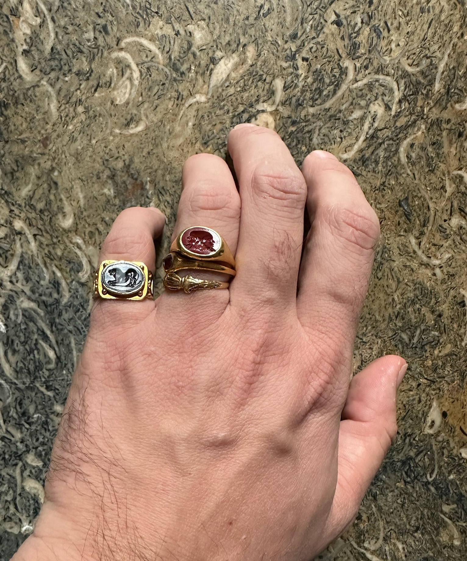 An Italic Banded Agate intaglio set in a 14k gold ring. Lion. 