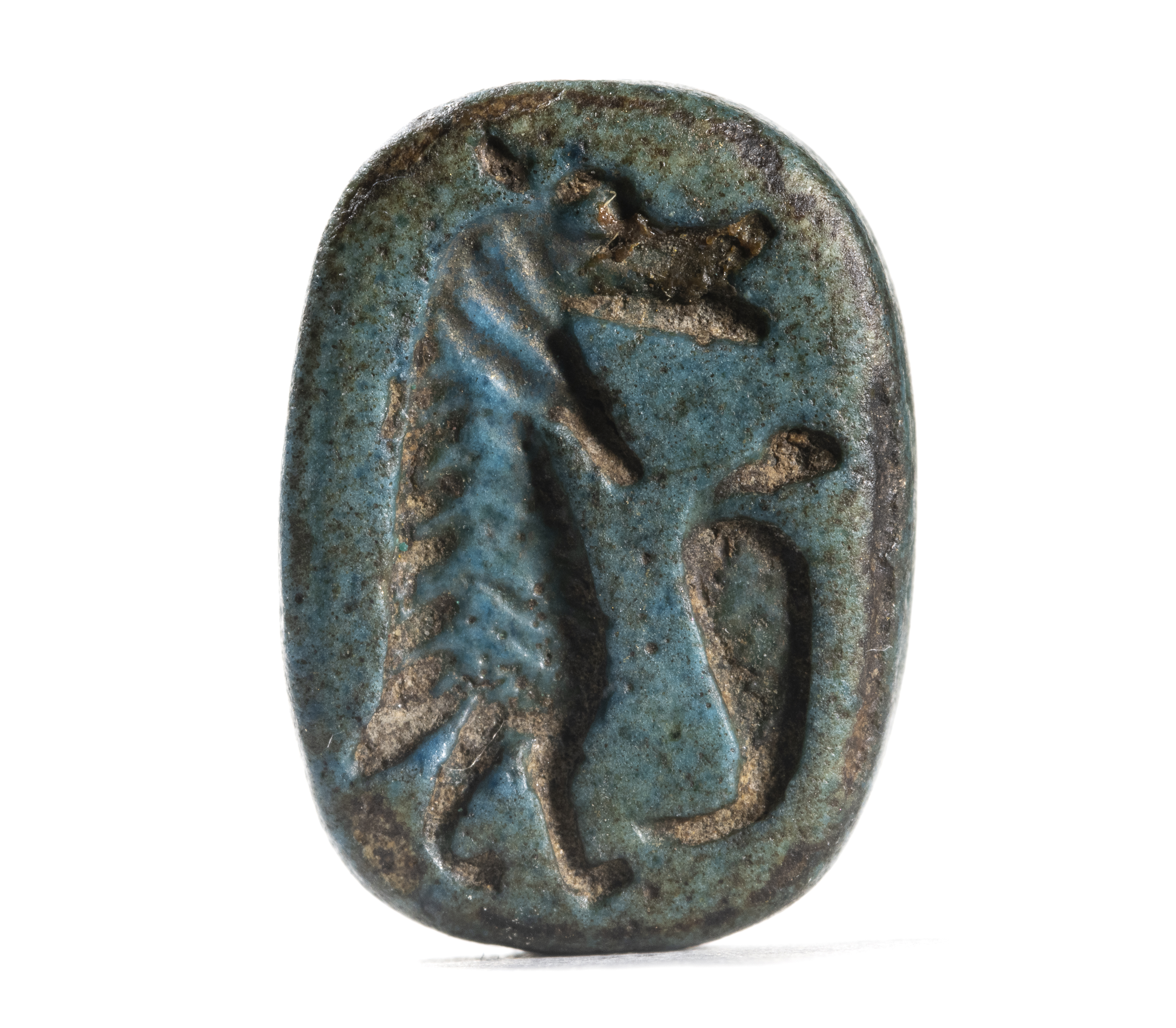New-Kingdom, A New-Kingdom blue faience scaraboid engraved seal. (1550-1070 BCE)