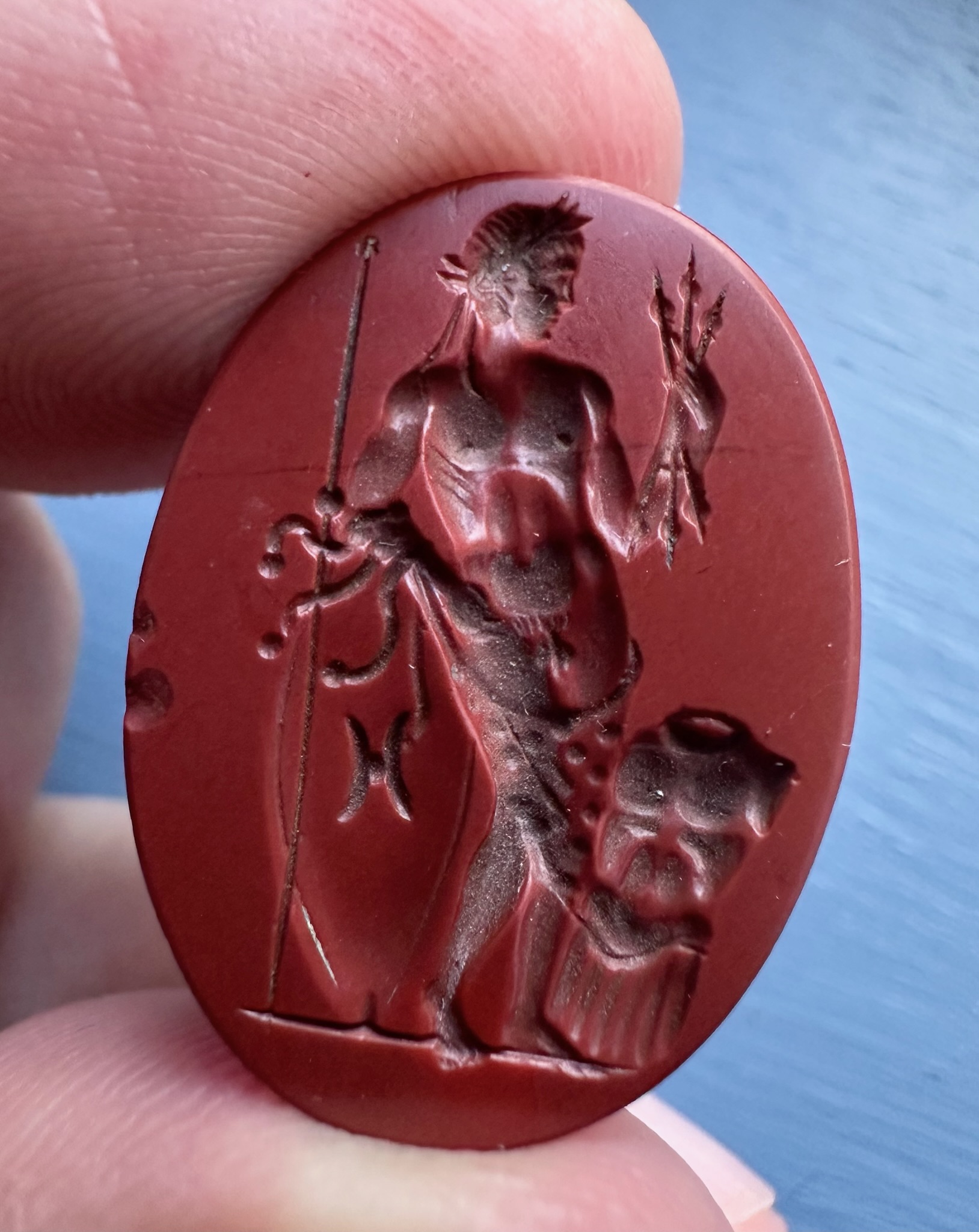 A Large 18th c. or earlier Red Jasper Intaglio — Roman  Julio-Claudian Emperor as Jupiter