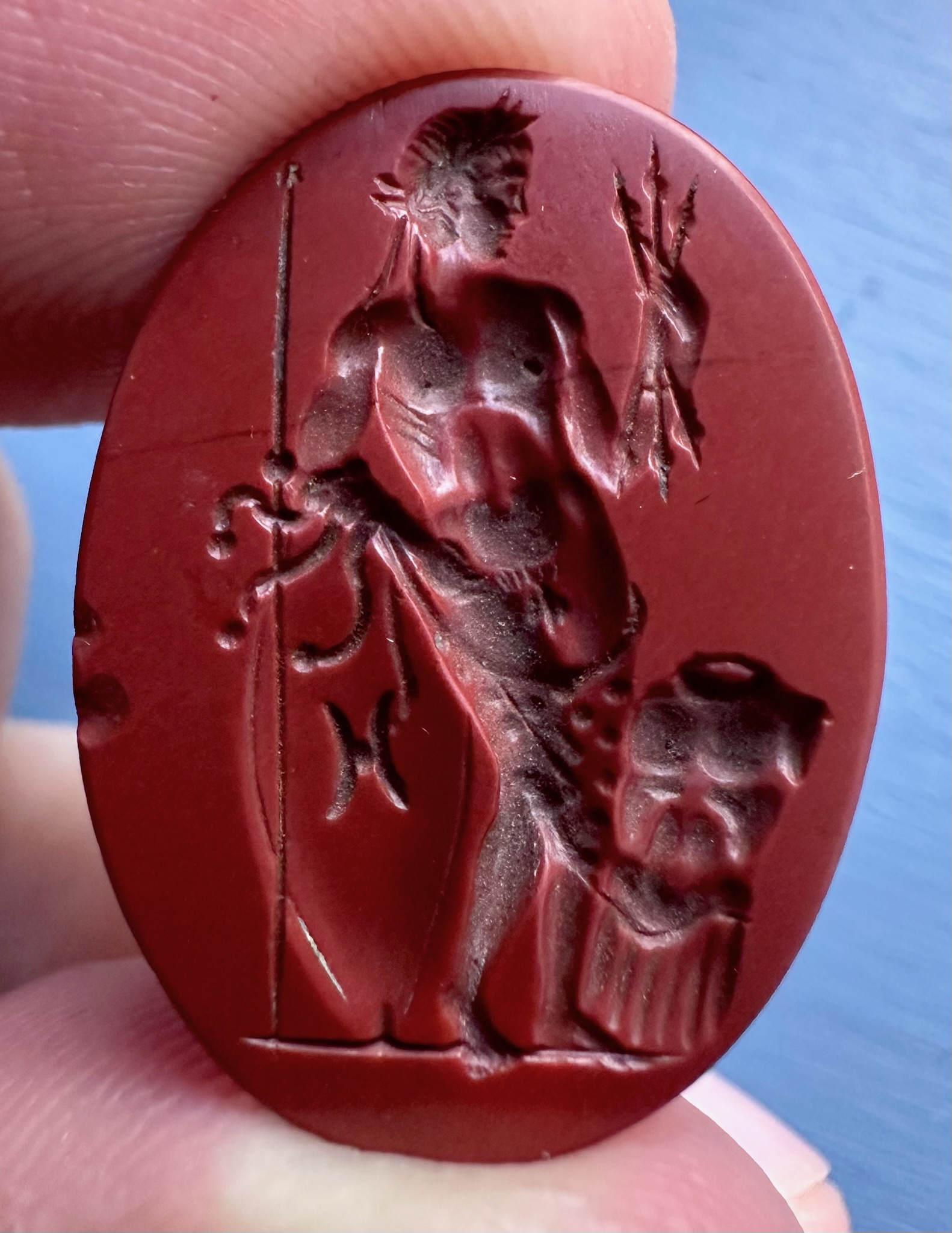 A Large 18th c. or earlier Red Jasper Intaglio — Roman  Julio-Claudian Emperor as Jupiter