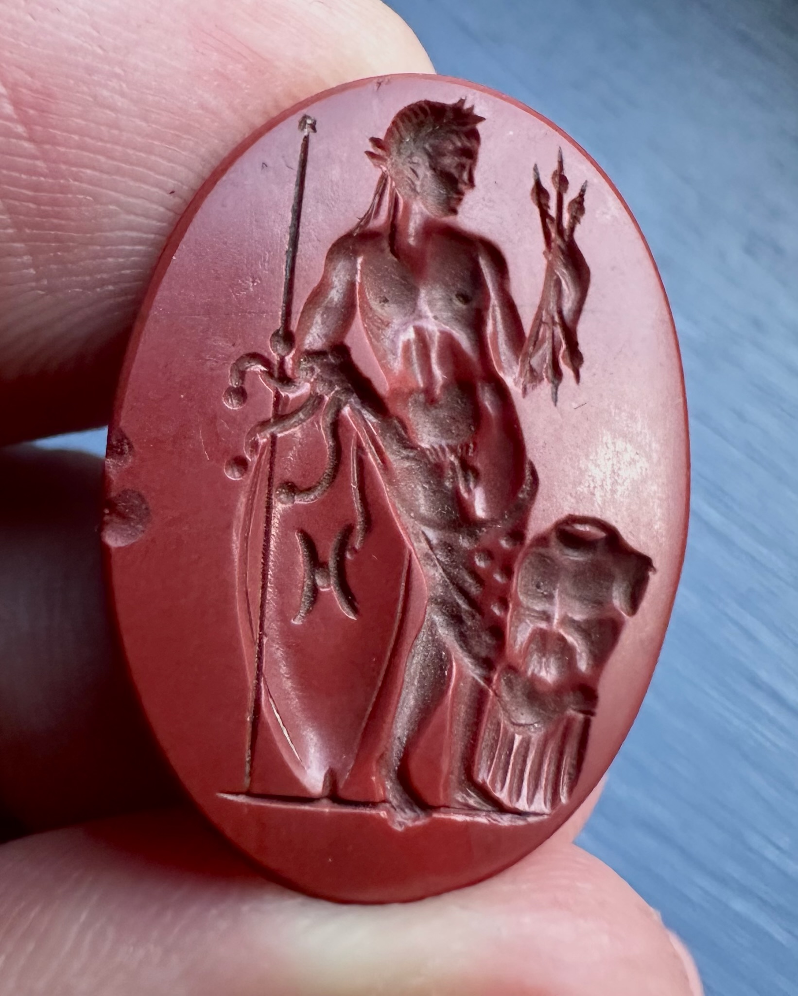 A Large 18th c. or earlier Red Jasper Intaglio — Roman  Julio-Claudian Emperor as Jupiter