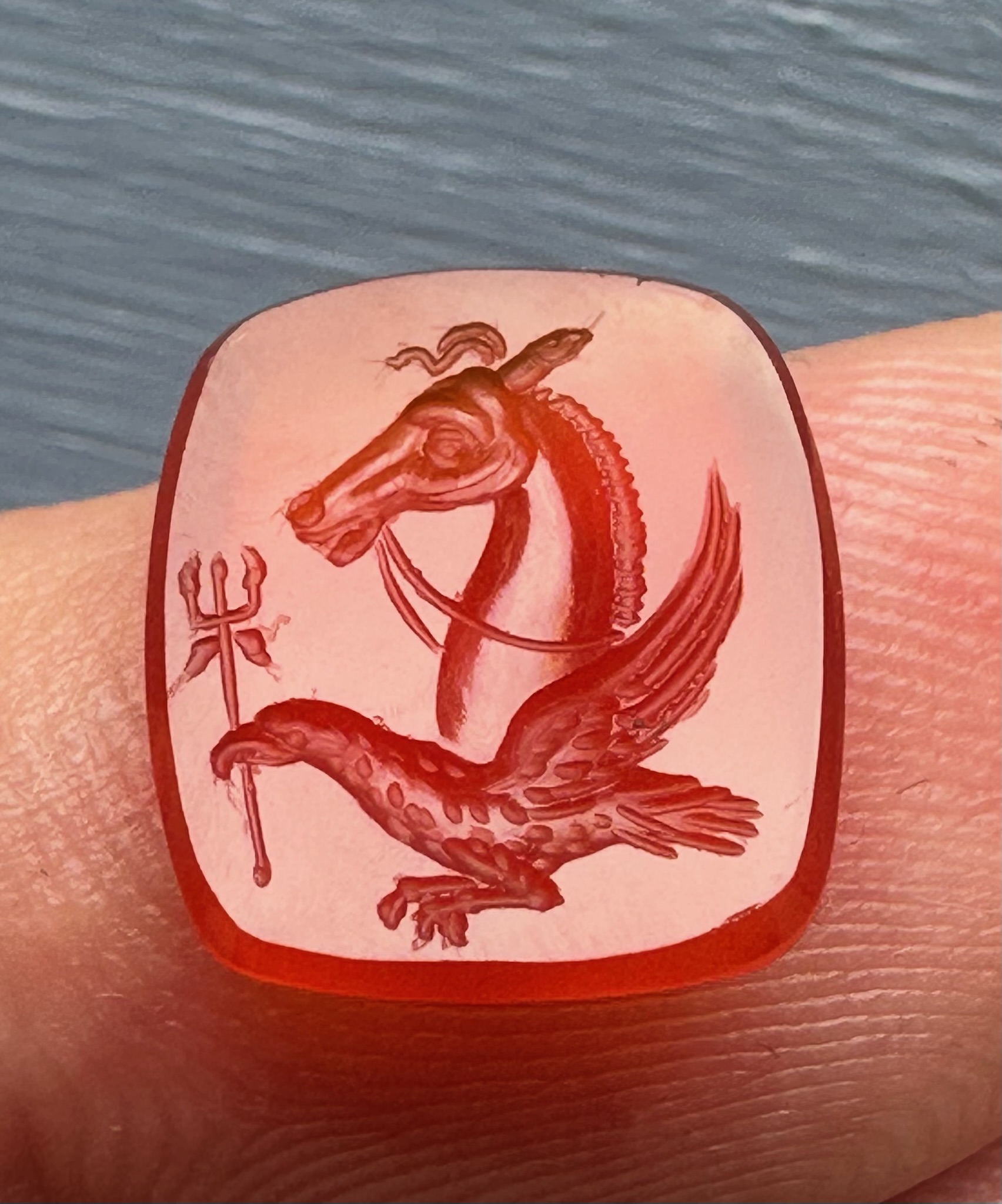 A Victorian carnelian engraved seal. Allegorical figure