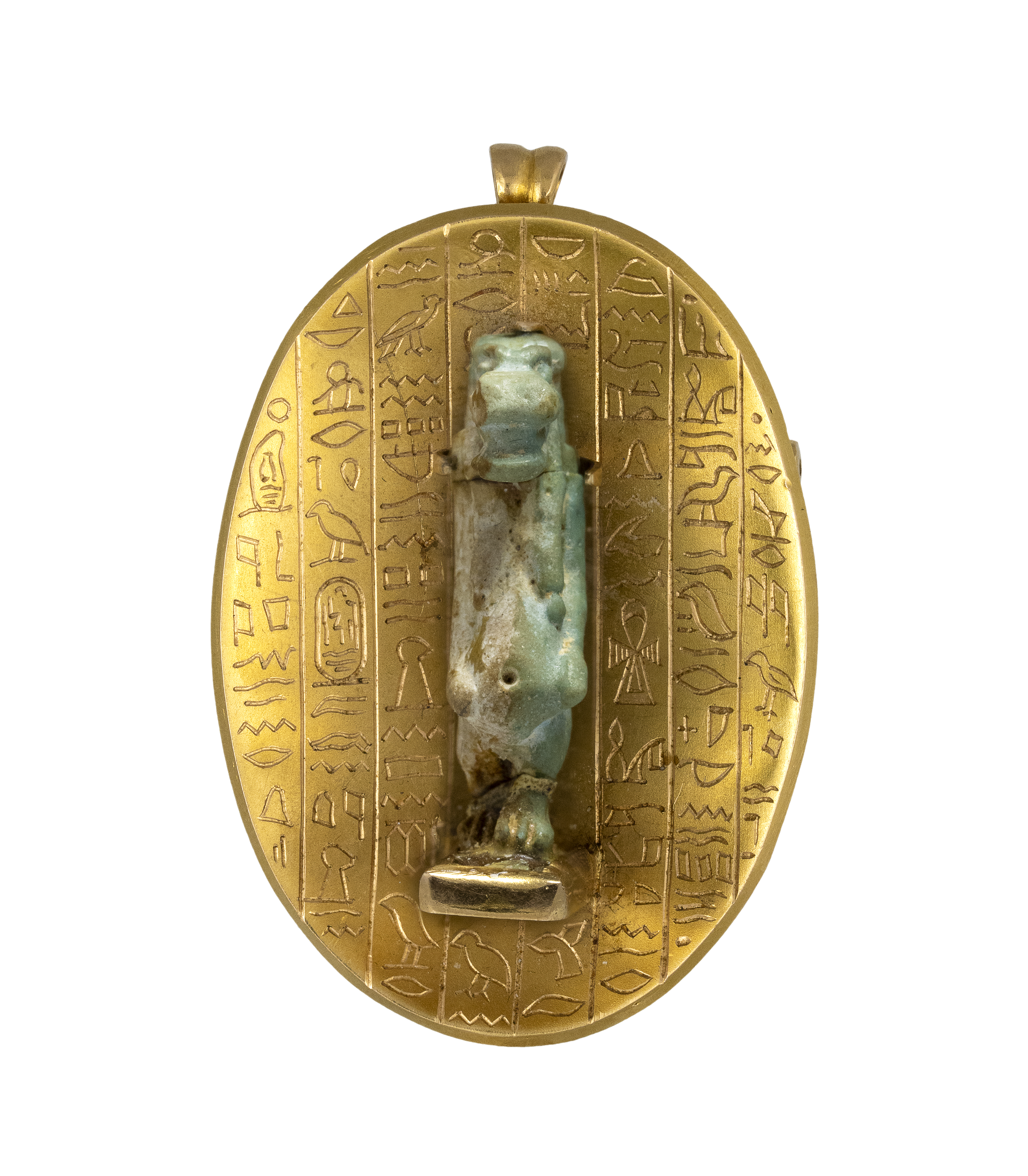 Late Period, A Late 19th c. Egyptian Revival gold brooch/pendant with a Late Period faience amulet of Taweret.  (664-332 BCE)