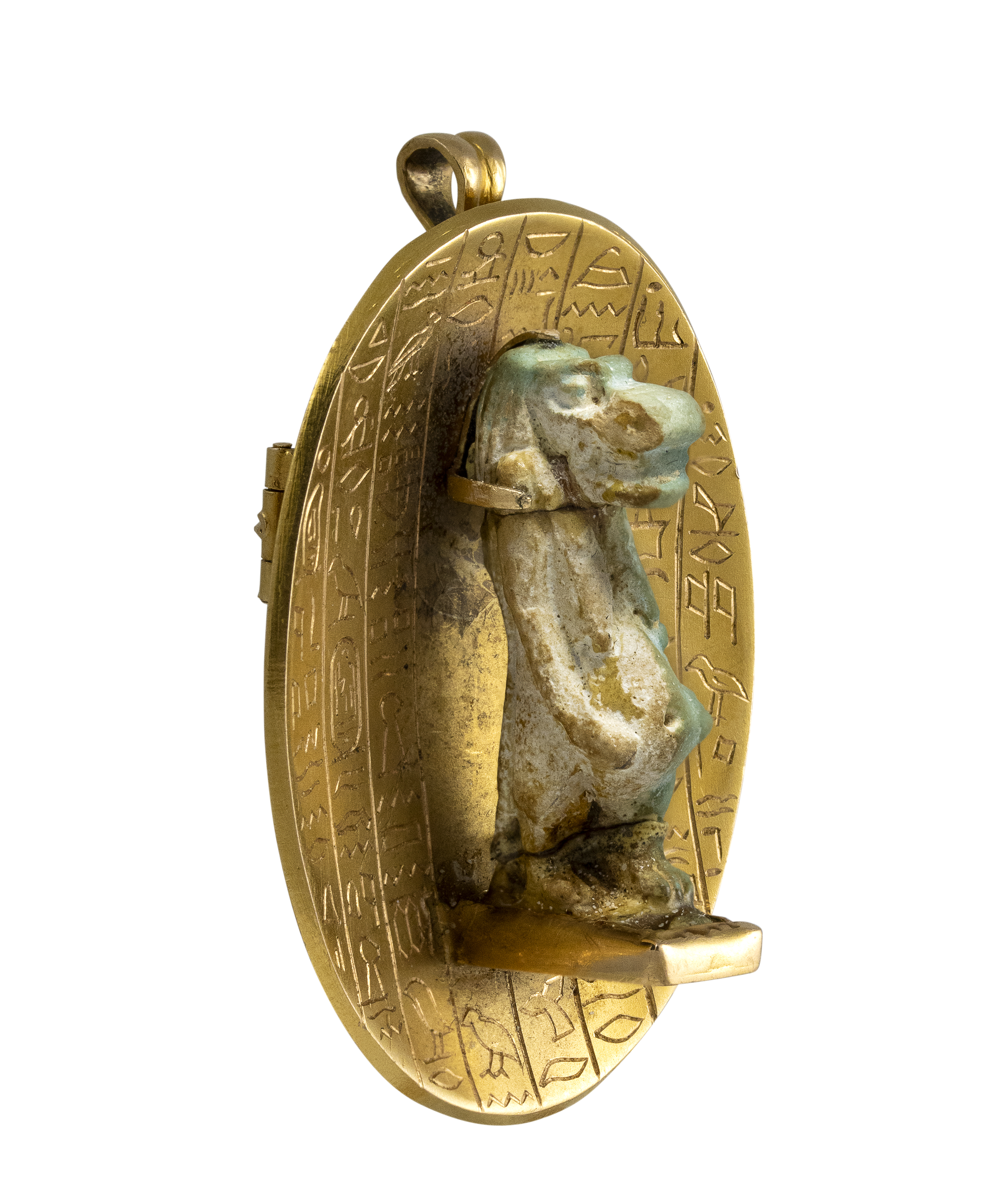 Late Period, A Late 19th c. Egyptian Revival gold brooch/pendant with a Late Period faience amulet of Taweret.  (664-332 BCE)