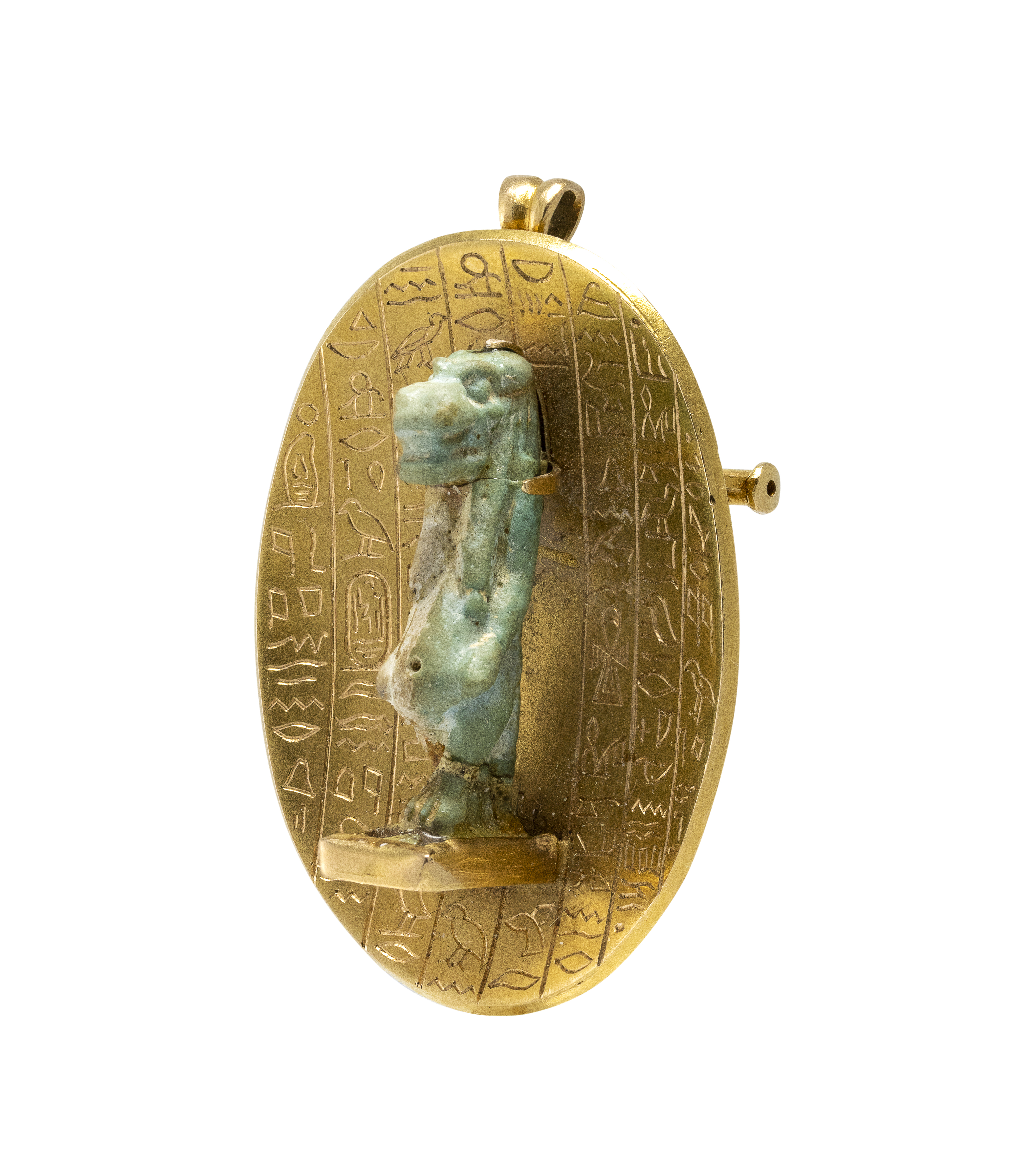 Late Period, A Late 19th c. Egyptian Revival gold brooch/pendant with a Late Period faience amulet of Taweret.  (664-332 BCE)