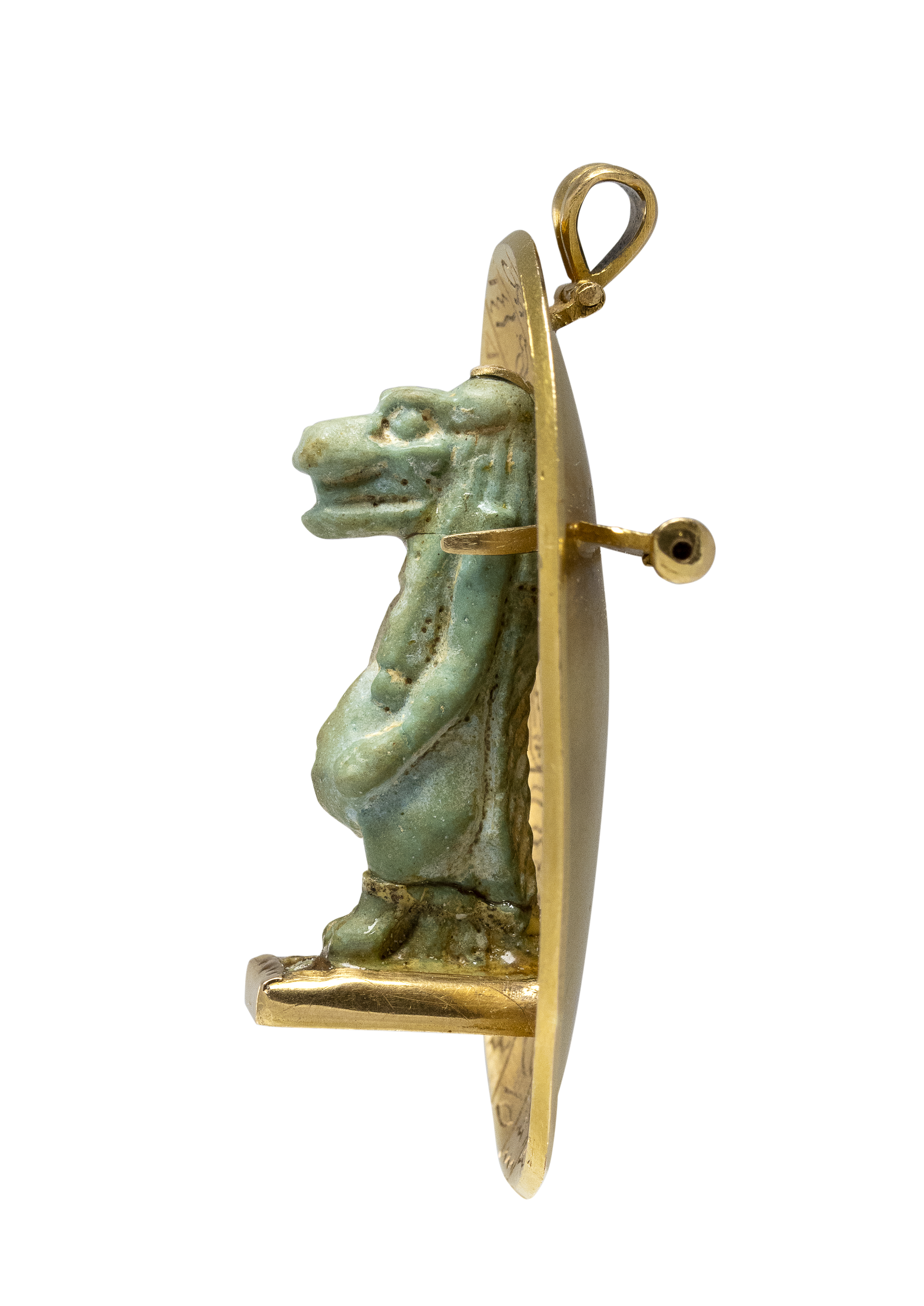 Late Period, A Late 19th c. Egyptian Revival gold brooch/pendant with a Late Period faience amulet of Taweret.  (664-332 BCE)
