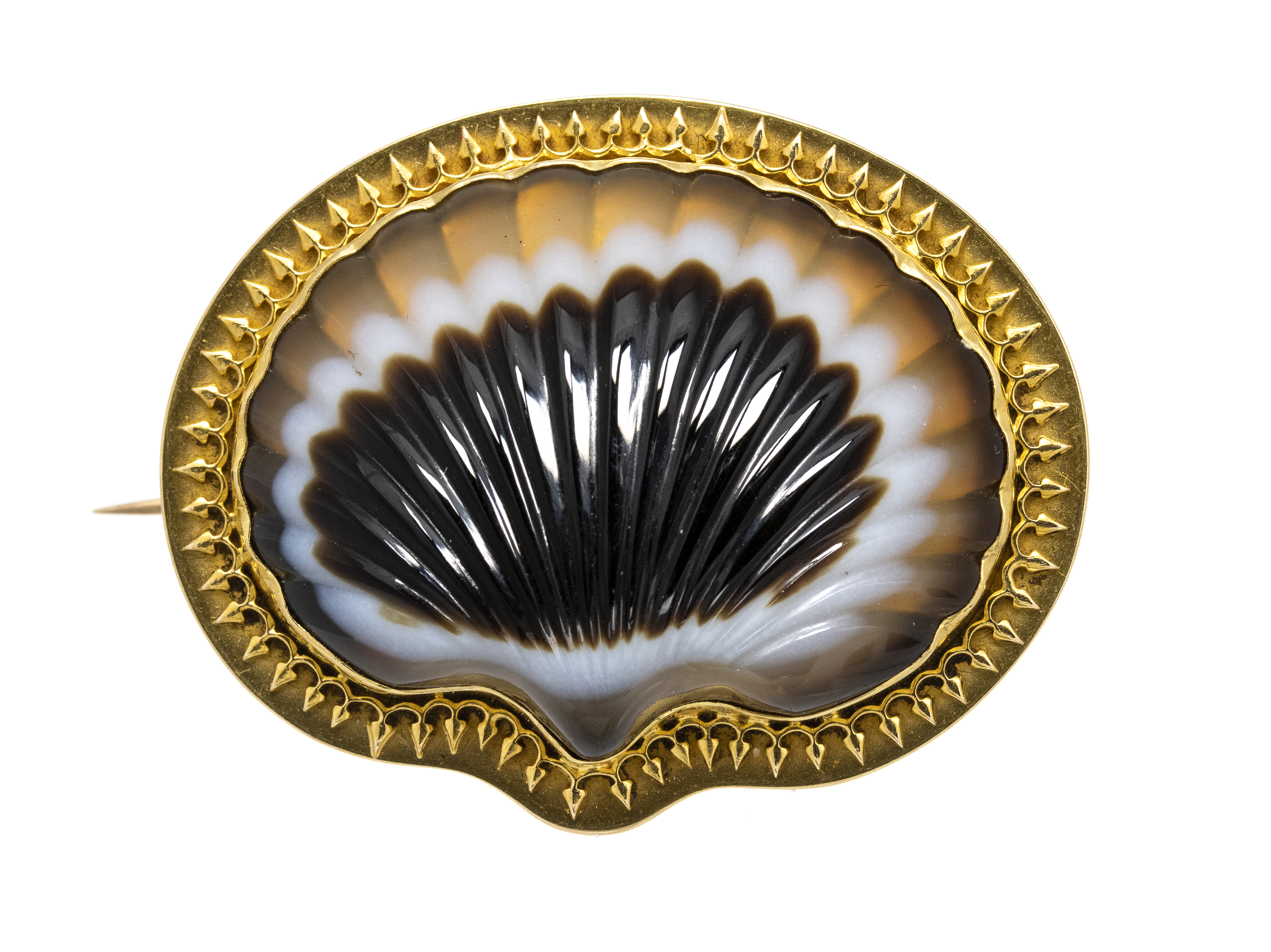A stunning Victorian mourning gold brooch with a banded agate shell. (1870 circa)