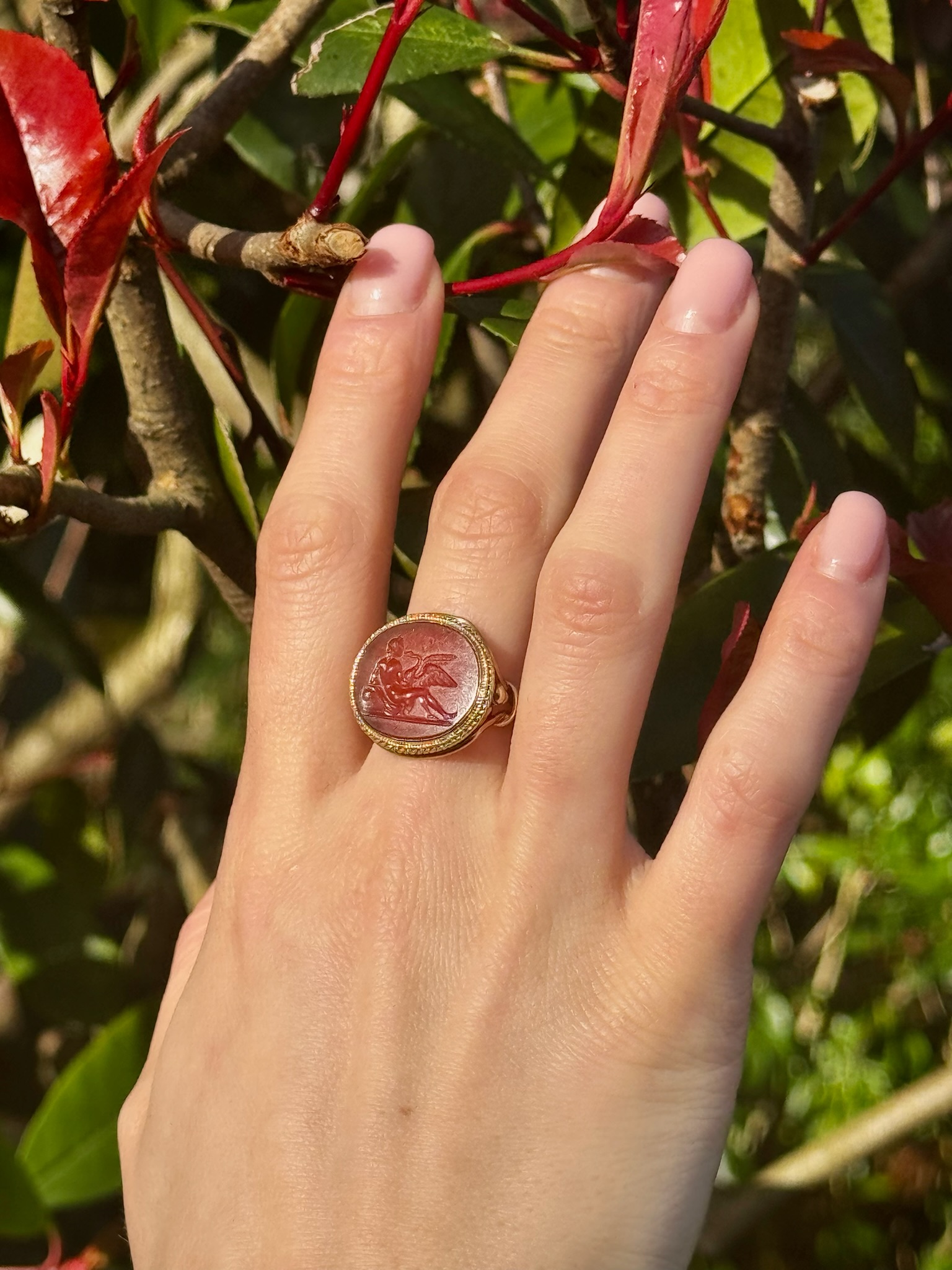 Neoclassical, Attributed to Carlo Costanzi (1705-1781). A gold ring with a Neoclassical carnelian intaglio. Leda and the swan. (Second half of the 18th century)