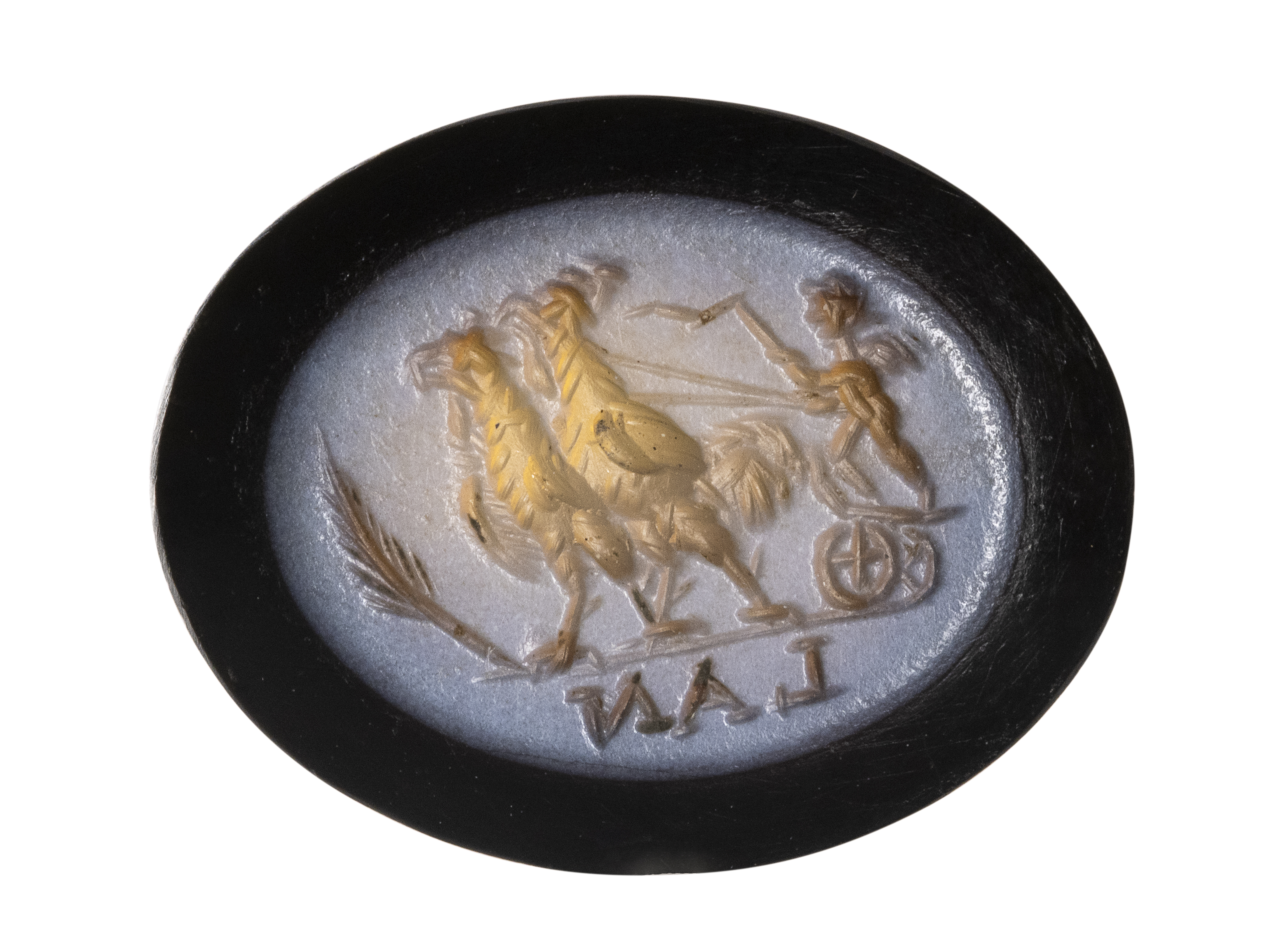 Roman, A Roman nicolo intaglio. Eros riding a chariot pulled by two roosters. (2nd-3rd century A.D. )
