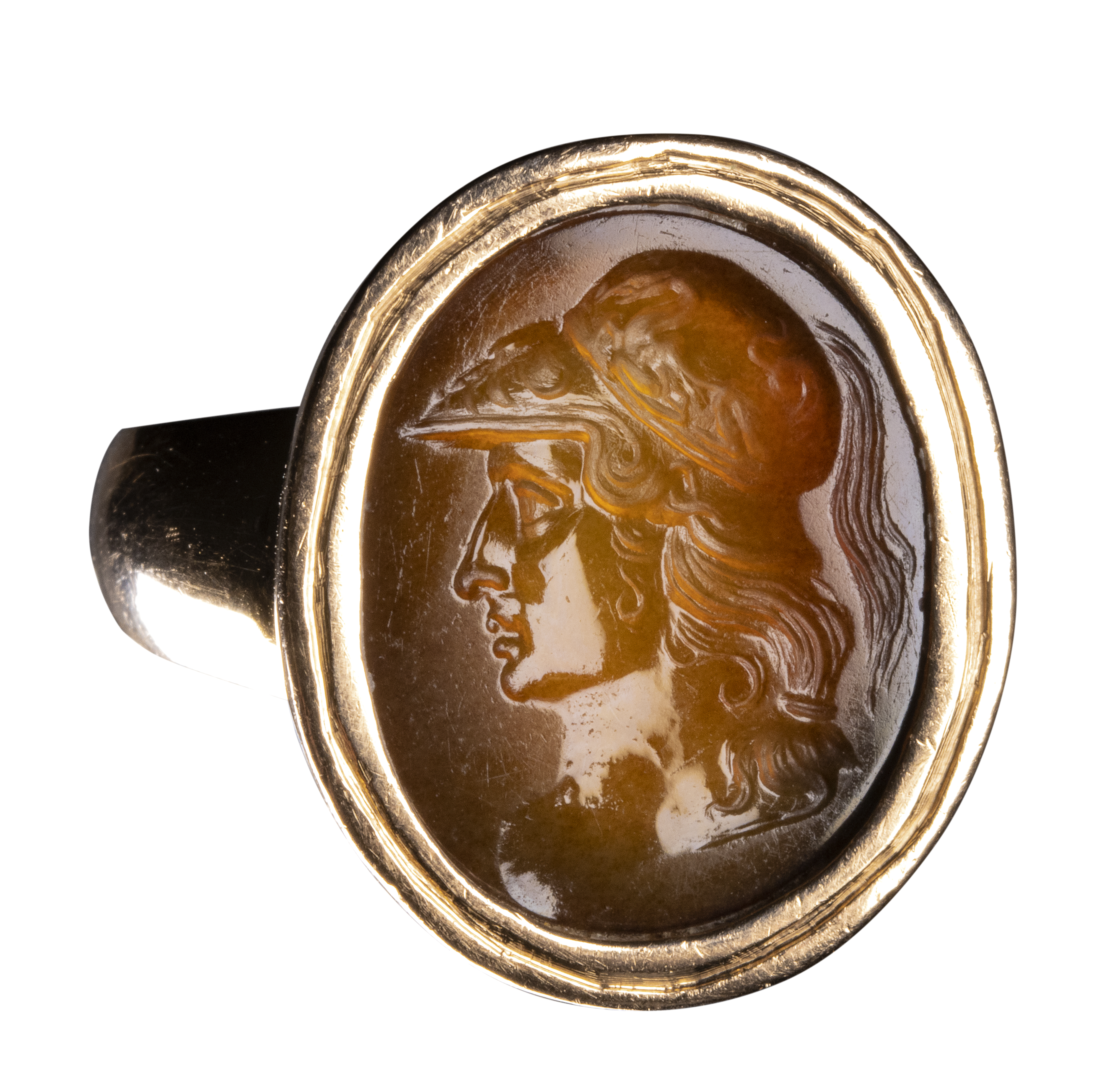 Carlo Costanzi (1705-1781). An Early 18th century sard agate intaglio set in a gold Grand Tour ring. Bust of Alexander the Great.
