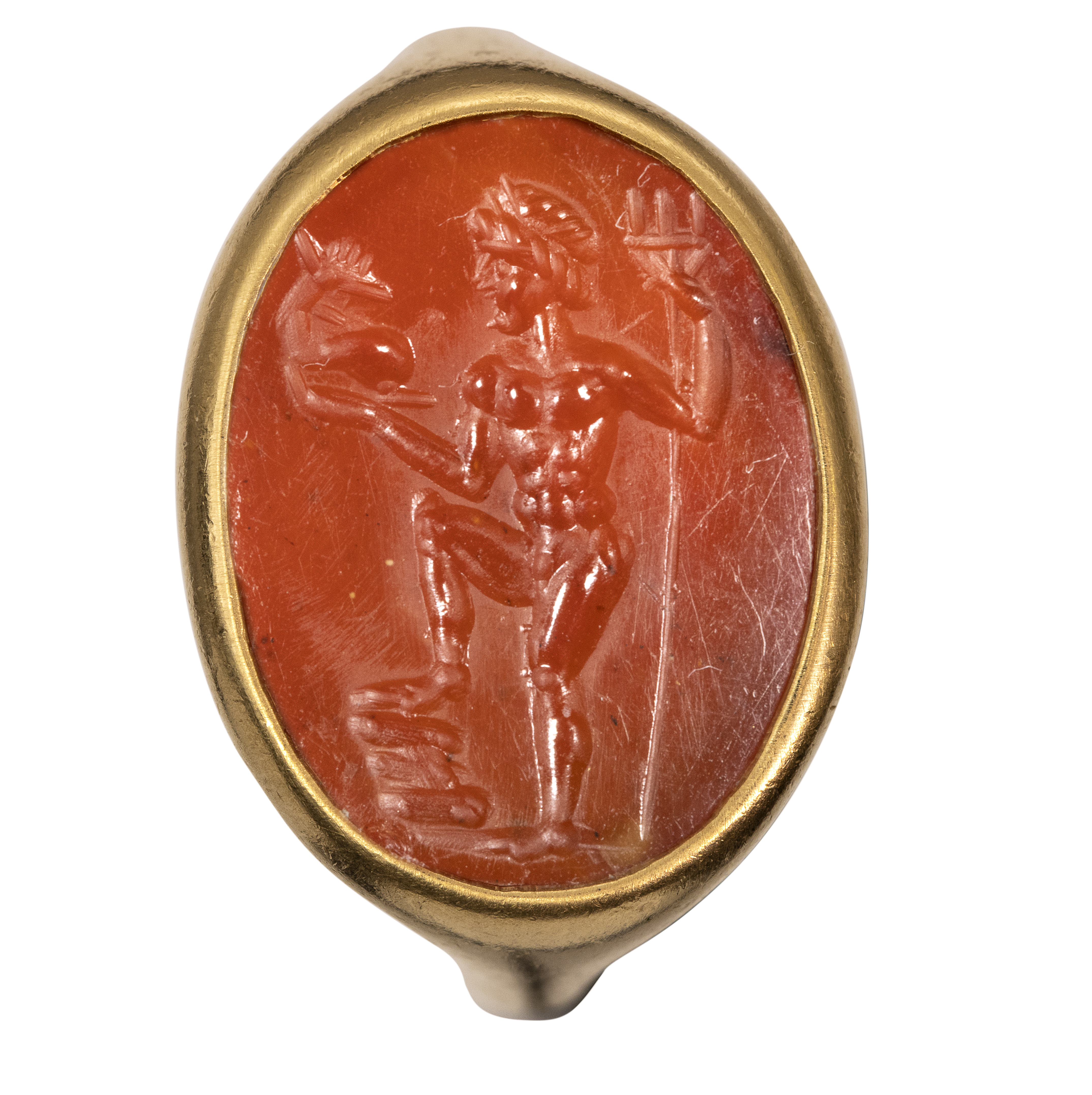 Bague en or moderne sertie d'une intaille romaine sur cornaline. Poséidon.  (2nd century A.D. )
