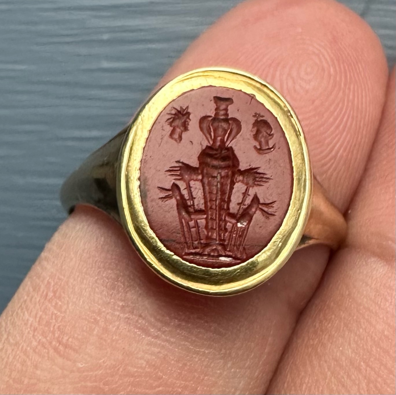 A 19th c. gold ring set with a Roman red jasper intaglio. Artemis Ephesus.