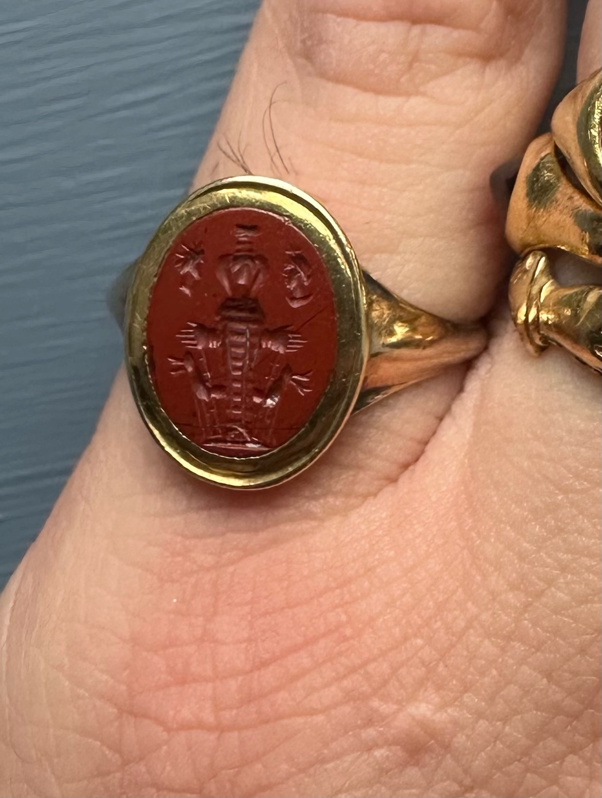 A 19th c. gold ring set with a Roman red jasper intaglio. Artemis Ephesus.