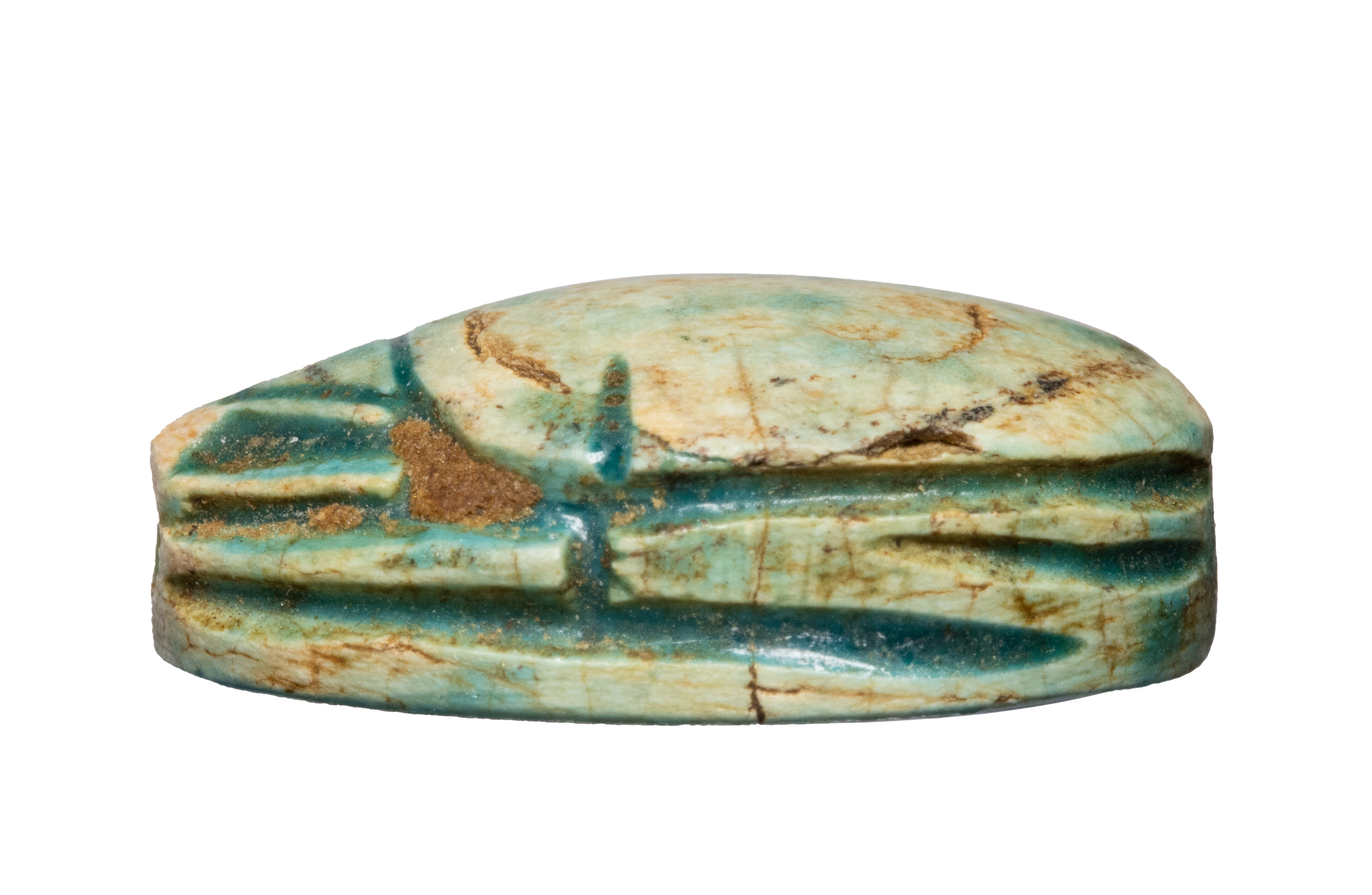 New-Kingdom, Dynasty 18th-19th, A New-Kingdom glazed steatite scarab. Maat. (1525-1200 BCE)