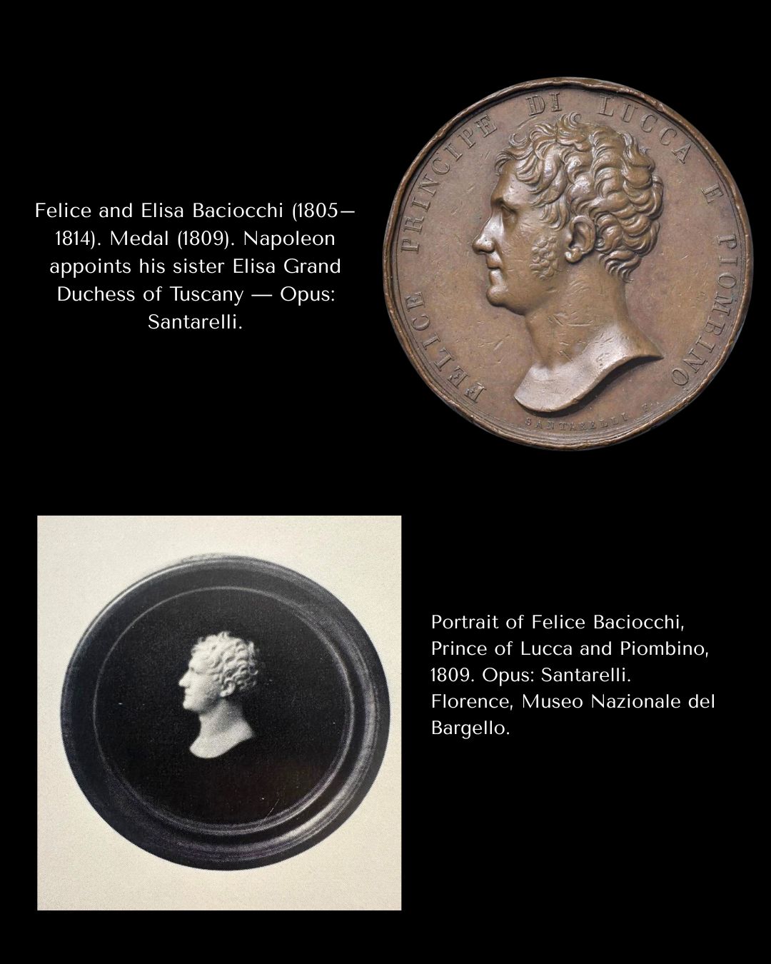 A gold pendant set with a Glass impression. Portrait of Felice Baciocchi engraved by Cerbara (1770-1856)