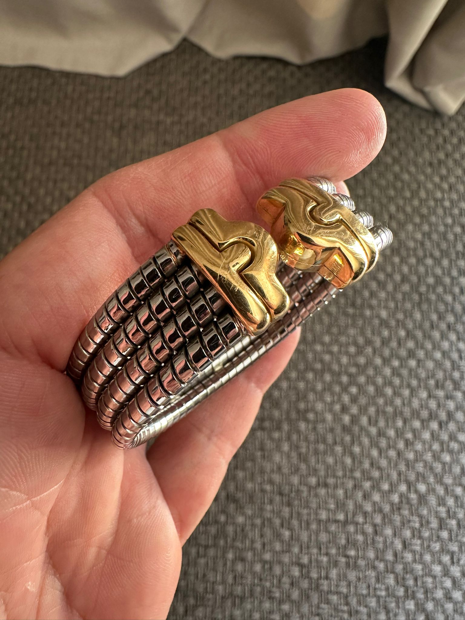 Bulgari, manchette « Parentesi Tubogas » bicolore, vintage