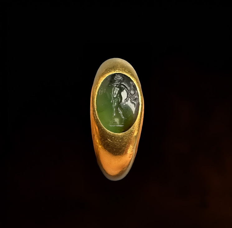 Roman Gold and Green Chalcedony Finger Ring. Satyr with Dionysiac Attributes.