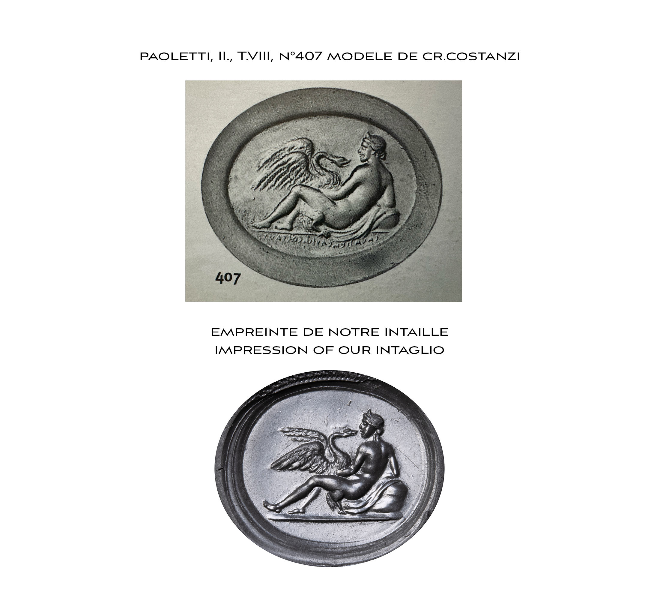 Neoclassical, Attributed to Carlo Costanzi (1705-1781). A gold ring with a Neoclassical carnelian intaglio. Leda and the swan. (Second half of the 18th century)