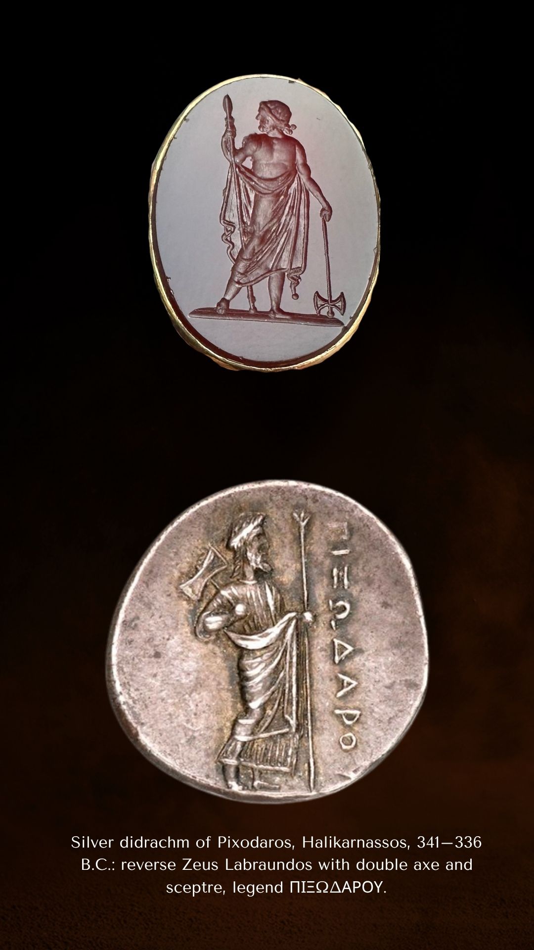 A Neoclassical carnelian intaglio set in an 18k gold ring. Zeus Labraundos, after the Hekatomnid coinage of Halikarnassos.