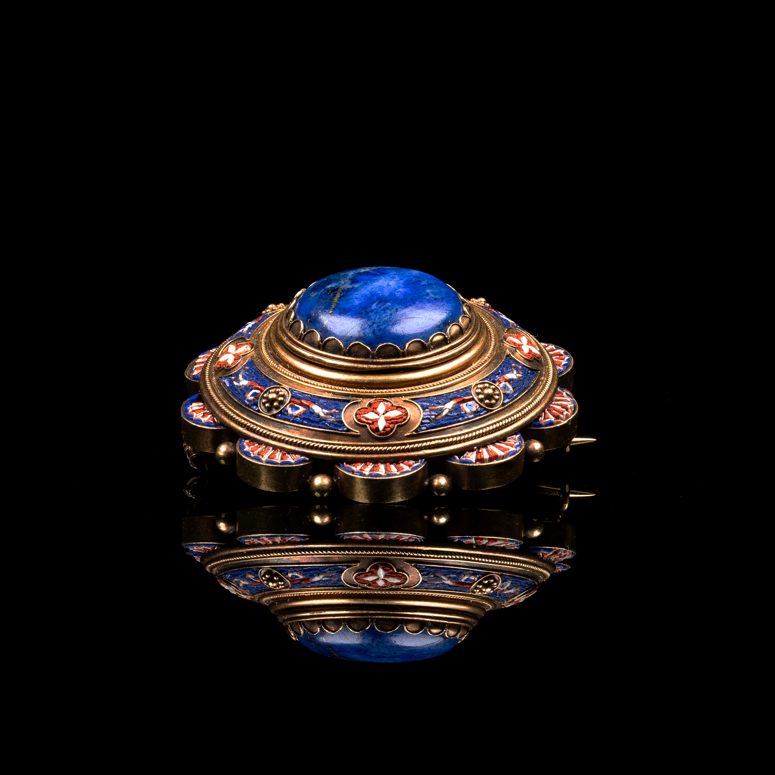 A 19th c. Archaeological Revival Micromosaic Gold Brooch with Lapis Lazuli and Hidden Locket Compartment — Rome, circa 1880